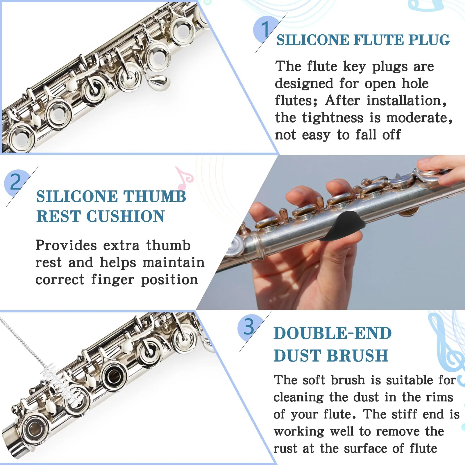 40 Pcs Flute Cleaning Kit Flute Accessories All in 1 Flute Cleaner Kit Maintenance Kit Care Kit with Flute Cleaning Brush Flute Cleaning Rod Flute Swab Flute Plugs Thumb Rest Cushion (Blue) Blue - Image 5