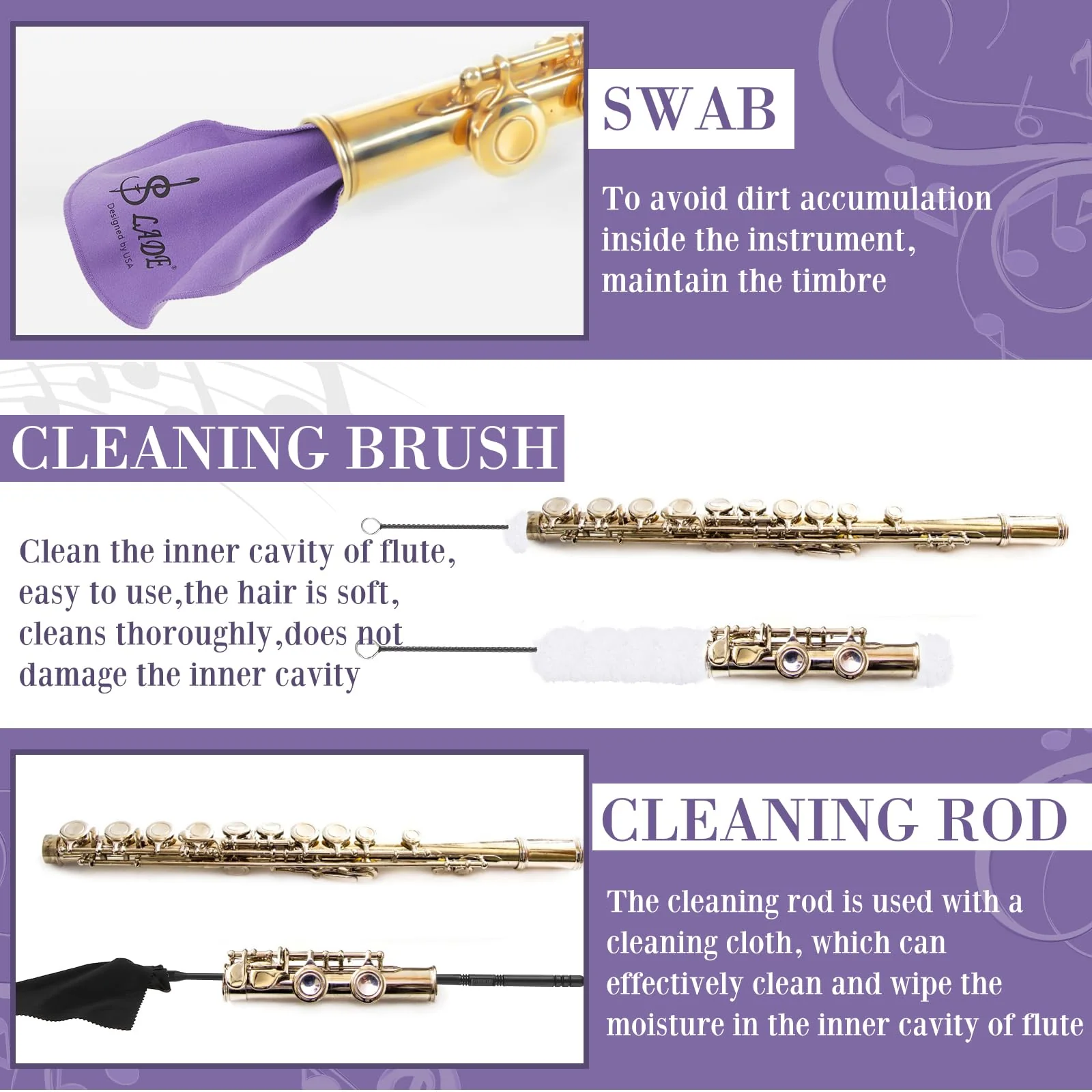 40 Pcs Flute Cleaning Kit Flute Accessories All in 1 Flute Cleaner Kit Maintenance Kit Care Kit with Flute Cleaning Brush Flute Cleaning Rod Flute Swab Flute Plugs Thumb Rest Cushion (Purple) Purple - Image 4