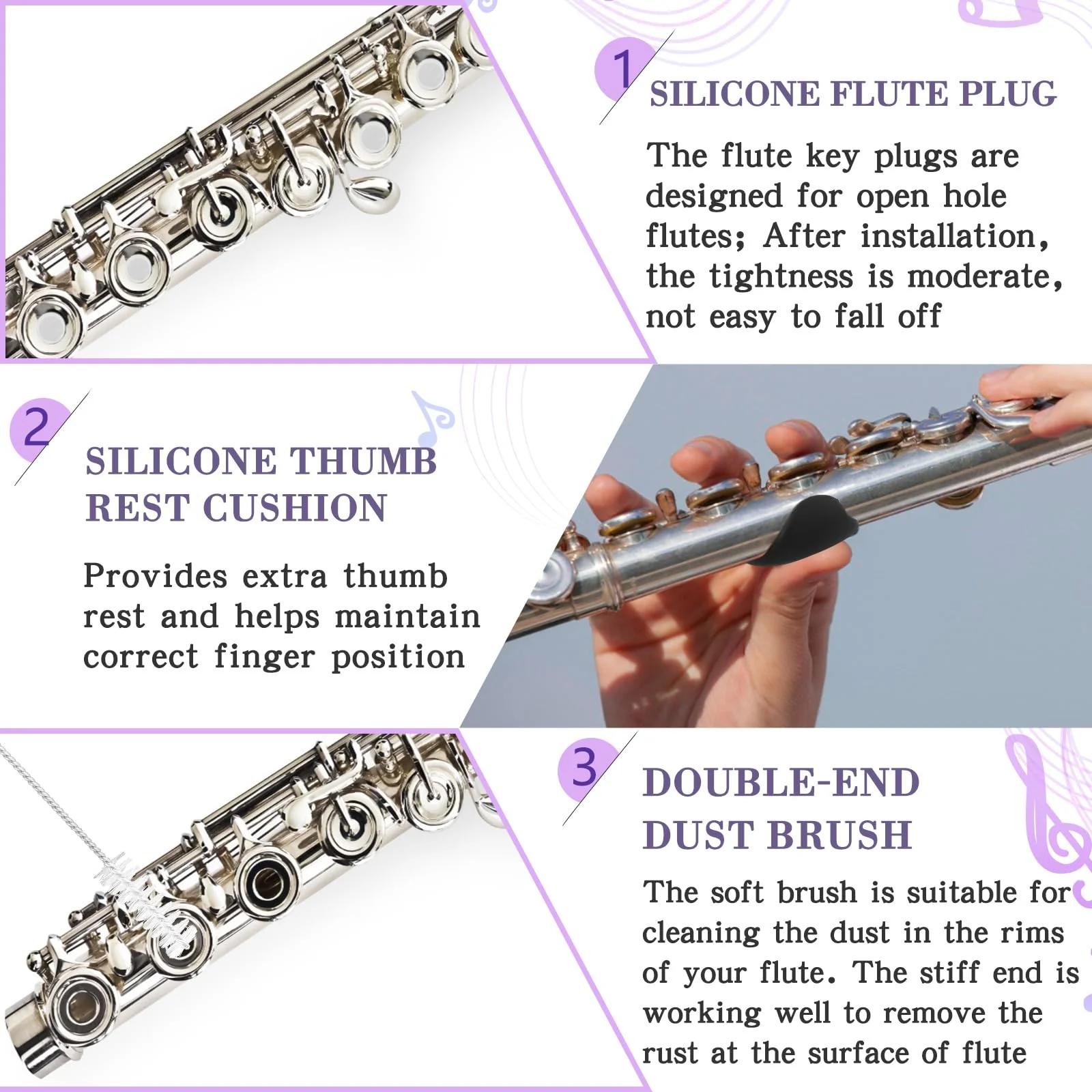 40 Pcs Flute Cleaning Kit Flute Accessories All in 1 Flute Cleaner Kit Maintenance Kit Care Kit with Flute Cleaning Brush Flute Cleaning Rod Flute Swab Flute Plugs Thumb Rest Cushion (Purple) Purple - Image 5