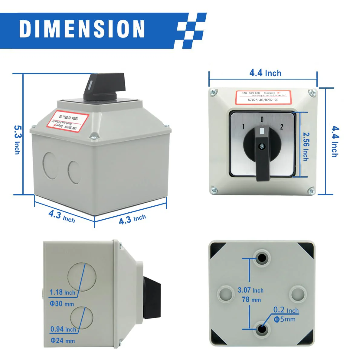 40A Rotary Changeover Switch with Box, 660V 3 Position 2 Phase 8 Terminals, 2-Way 2NO 2NC Universal Selector Switch with Yellow Fork Terminals IP65 CE 26-40/D202.2D - Image 3