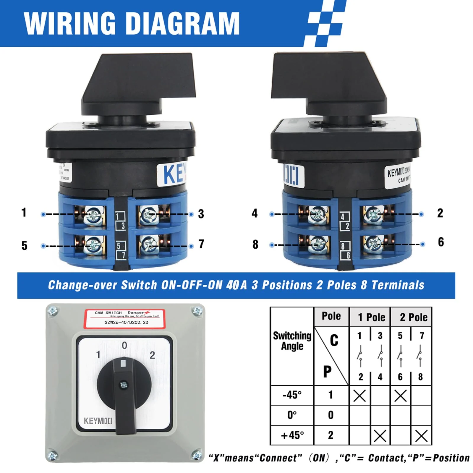 40A Rotary Changeover Switch with Box, 660V 3 Position 2 Phase 8 Terminals, 2-Way 2NO 2NC Universal Selector Switch with Yellow Fork Terminals IP65 CE 26-40/D202.2D - Image 4