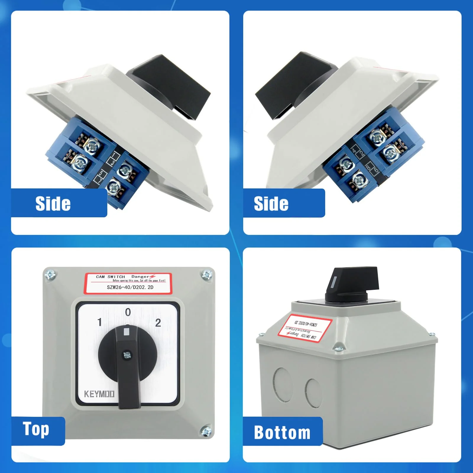 40A Rotary Changeover Switch with Box, 660V 3 Position 2 Phase 8 Terminals, 2-Way 2NO 2NC Universal Selector Switch with Yellow Fork Terminals IP65 CE 26-40/D202.2D - Image 7