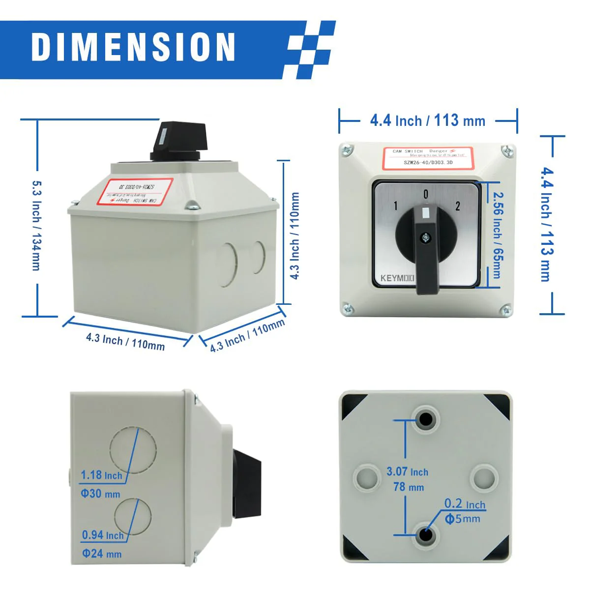 40A Rotary Changeover Switch With Exterior Box, 3 Position 3 Phase 12 Terminals, Universal Selector With AWG 12-10 Yellow Terminals, Cam Box IP65 40/D303.3D - Image 3