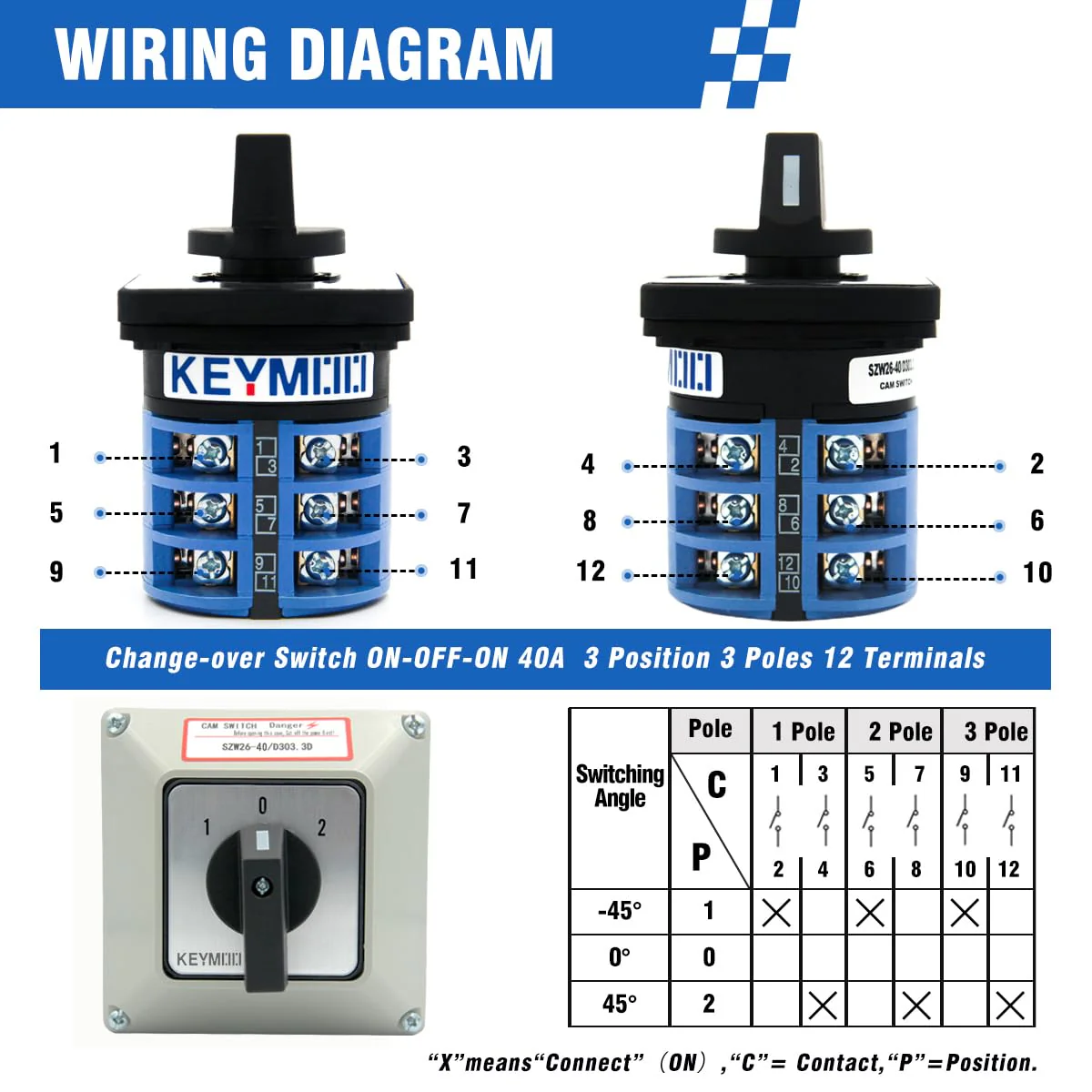 40A Rotary Changeover Switch With Exterior Box, 3 Position 3 Phase 12 Terminals, Universal Selector With AWG 12-10 Yellow Terminals, Cam Box IP65 40/D303.3D - Image 4