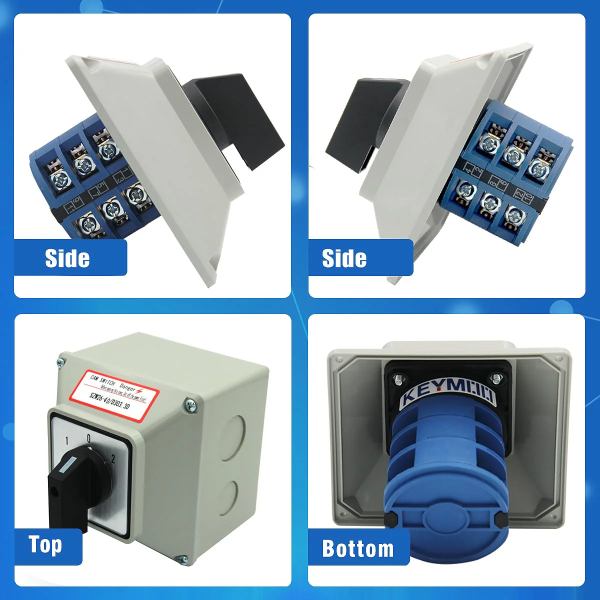 40A Rotary Changeover Switch With Exterior Box, 3 Position 3 Phase 12 Terminals, Universal Selector With AWG 12-10 Yellow Terminals, Cam Box IP65 40/D303.3D - Image 7