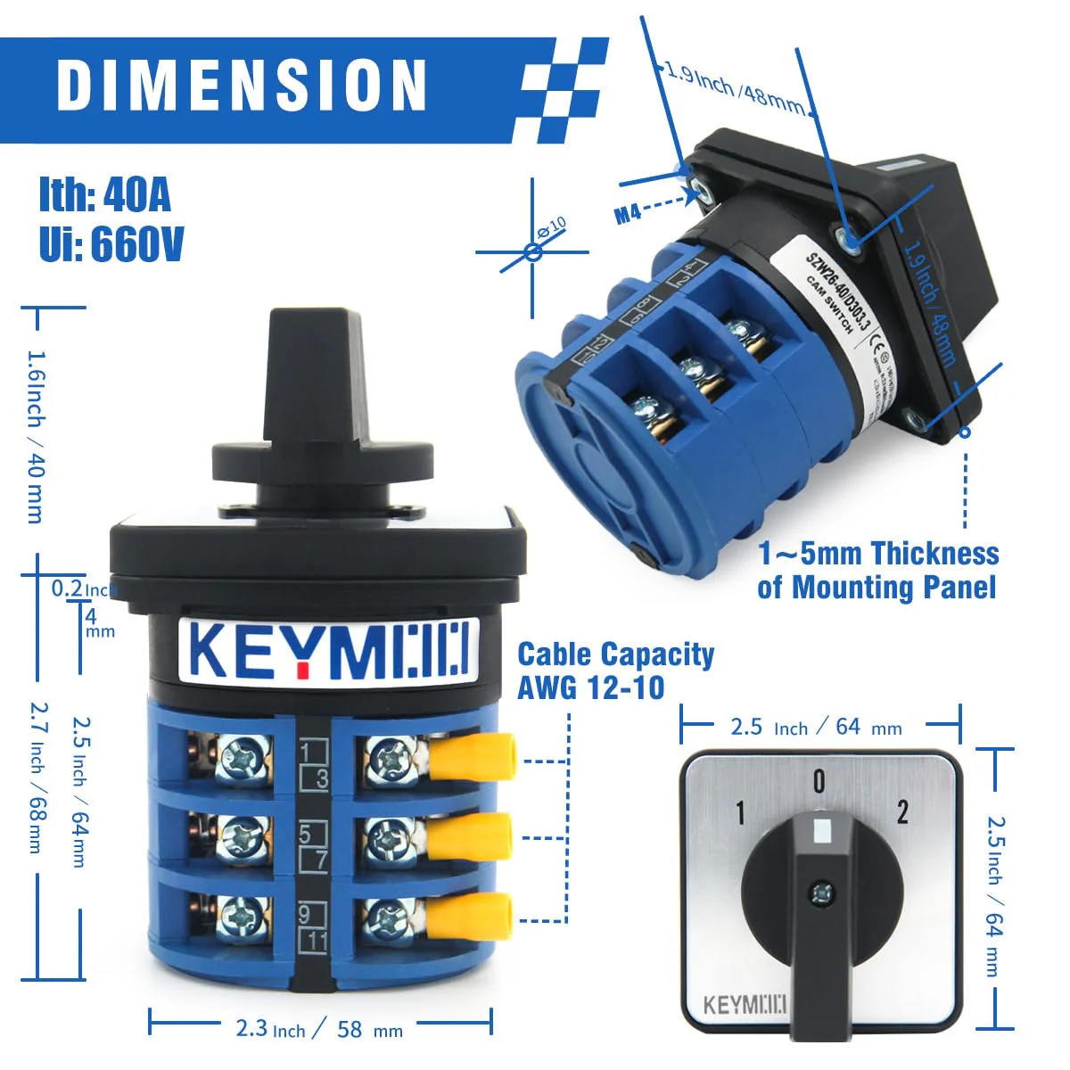 40A Rotary Changeover Switch With Exterior Box, 3 Position 3 Phase 12 Terminals, Universal Selector With AWG 12-10 Yellow Terminals, Cam Box IP65 40/D303.3D - Image 8