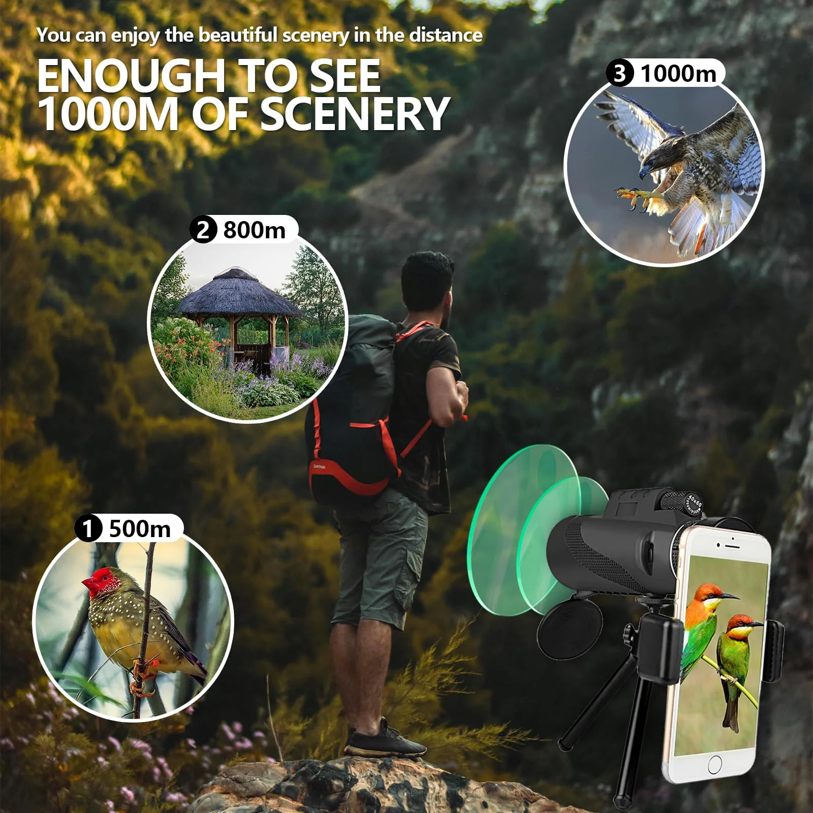 40X60 Monoculars, High Power BAK4 Prism Monoculars for Adults,Monocular Telescope for Stargazing,Bird Watching with Phone Holder & Tripod Ripple - Image 2