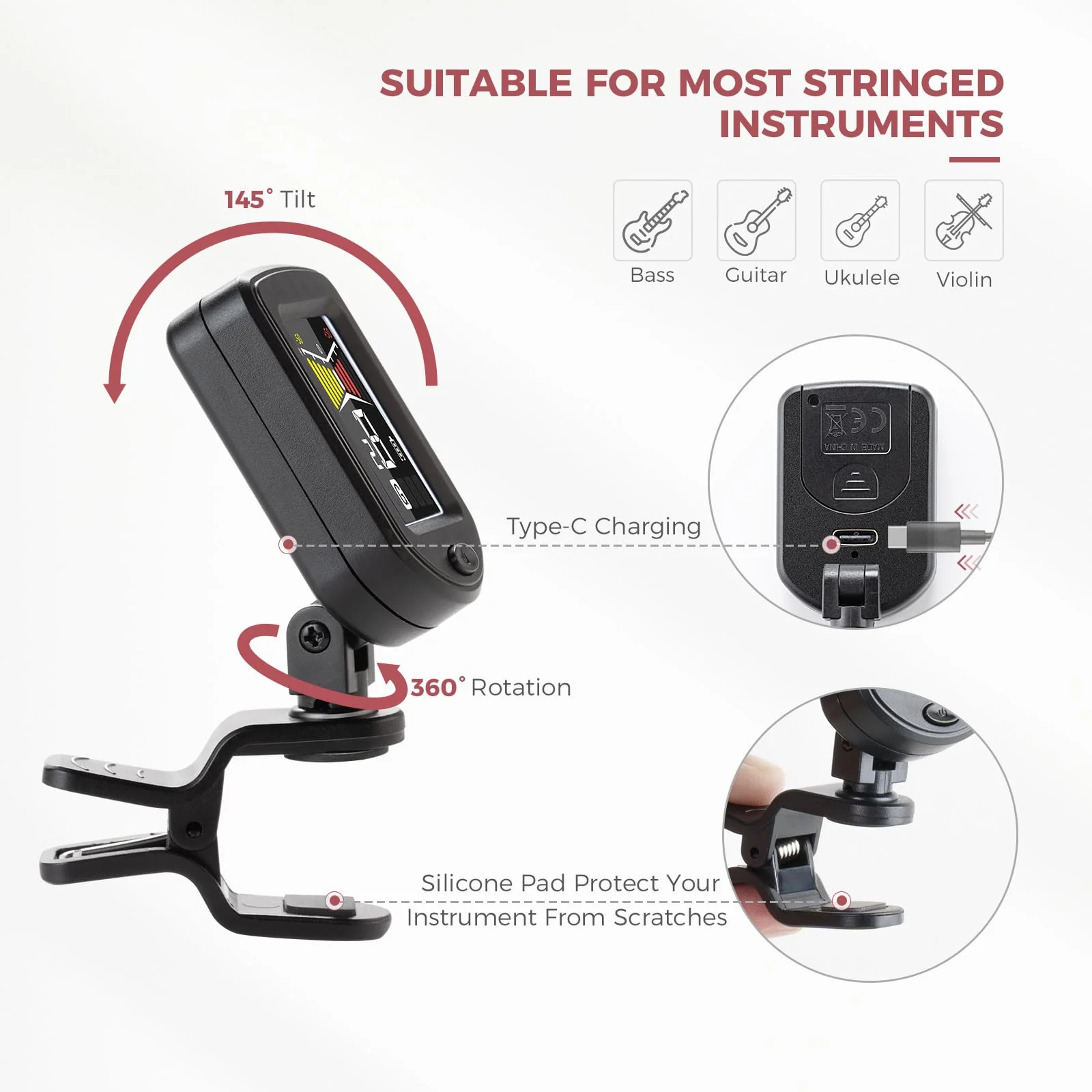 41PCS Guitar Picks Rechargeable Guitar Tuner Clip on Chromatic Digital Tuner Acoustic Guitar Accessories Kit for Guitars Violin, Ukulele, Bass - Image 3