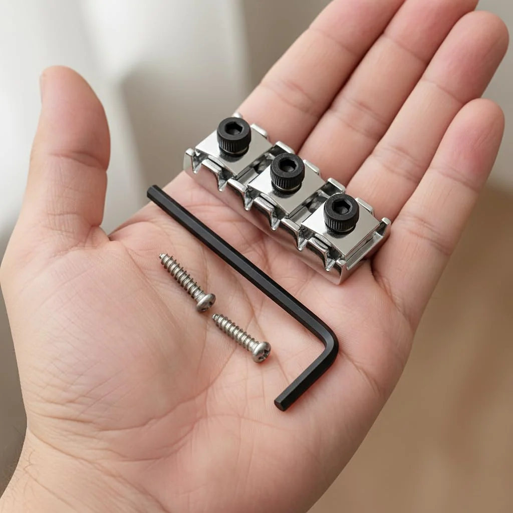 43mm Steel Floyd Rose Guitar Locking Nut, Electric Guitar Tremolo Bridge Lock for Floyd Rose Bridge System Special Replacement Parts/Silver/1 Set 43x16.7x8.4mm-1Set Silver - Image 4