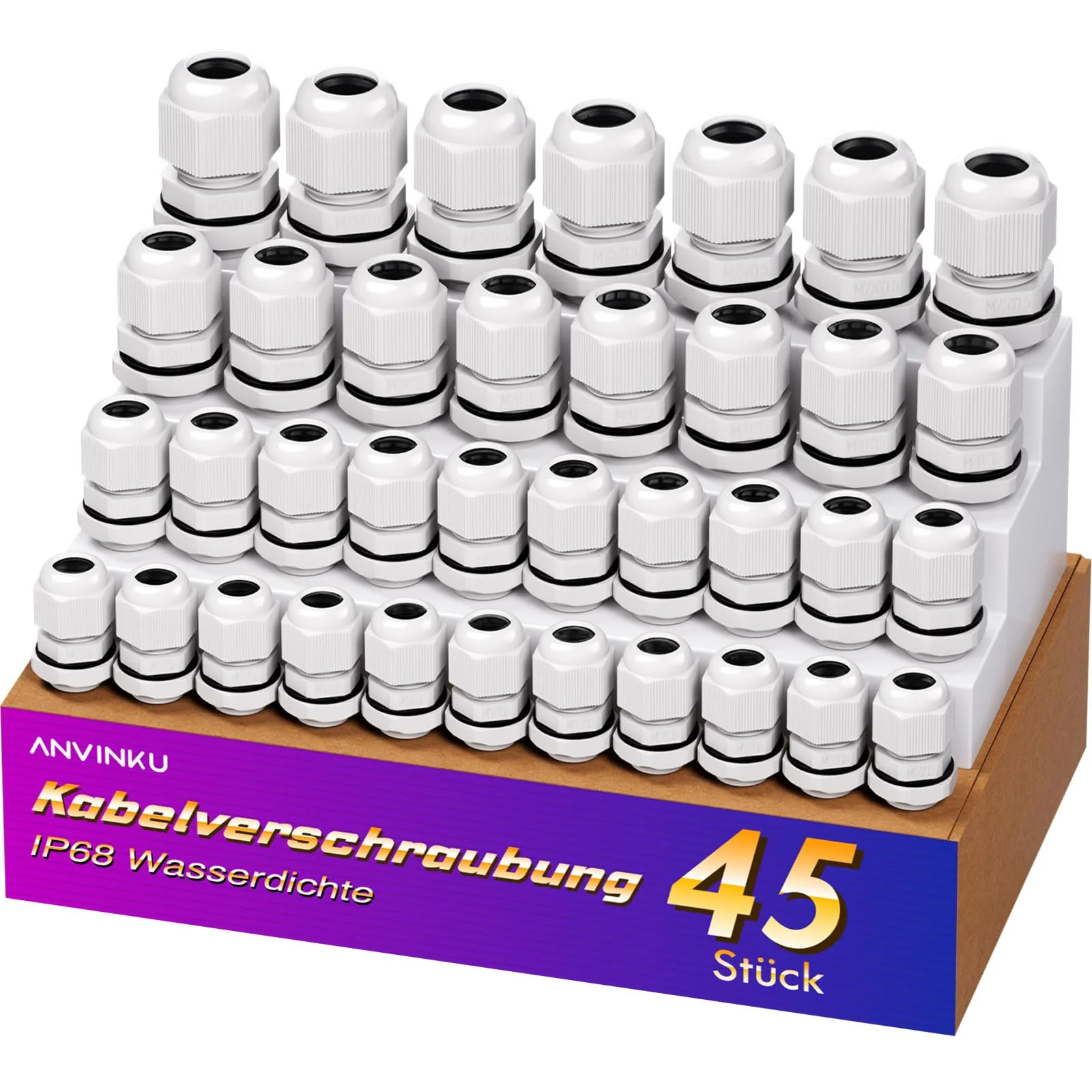 45 Piece Cable Gland Set, ANVINKU 4 Types Cable Grommet, Waterproof, M12 M16 M20 M25 Nylon Cable Grommet Waterproof, IP68 White Cable Glands Set with Locknut Plastic M12/M16/M20/M25 45