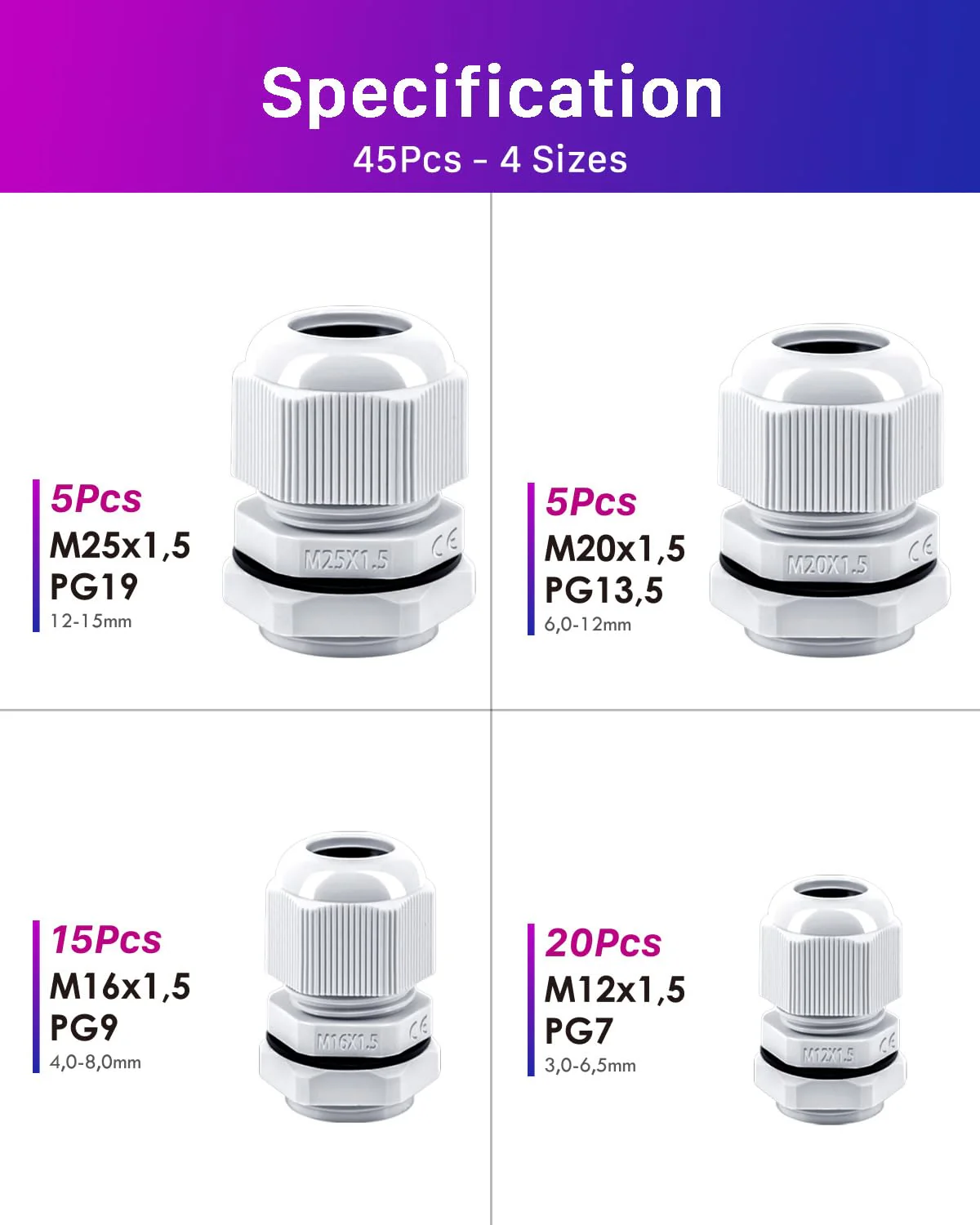 45 Piece Cable Gland Set, ANVINKU 4 Types Cable Grommet, Waterproof, M12 M16 M20 M25 Nylon Cable Grommet Waterproof, IP68 White Cable Glands Set with Locknut Plastic M12/M16/M20/M25 45 - Image 2