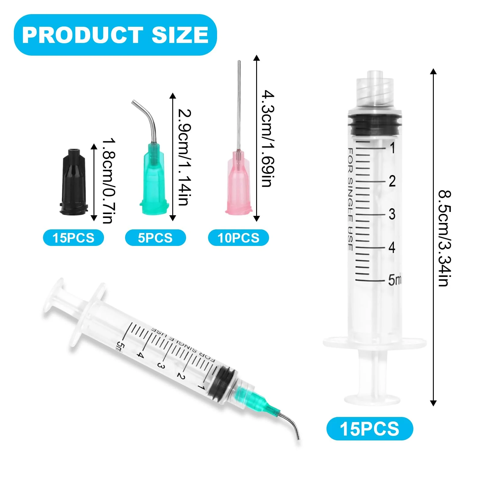 45 Pieces 5 ml Syringe Kit, 15 Pieces Syringes with 15 Blunt Needles, Syringe 5 ml Colostrum Syringe with Cap Dosing Syringe Liquid Syringe for Laboratory Animal Feeding, Plant Watering 5ml - Image 2