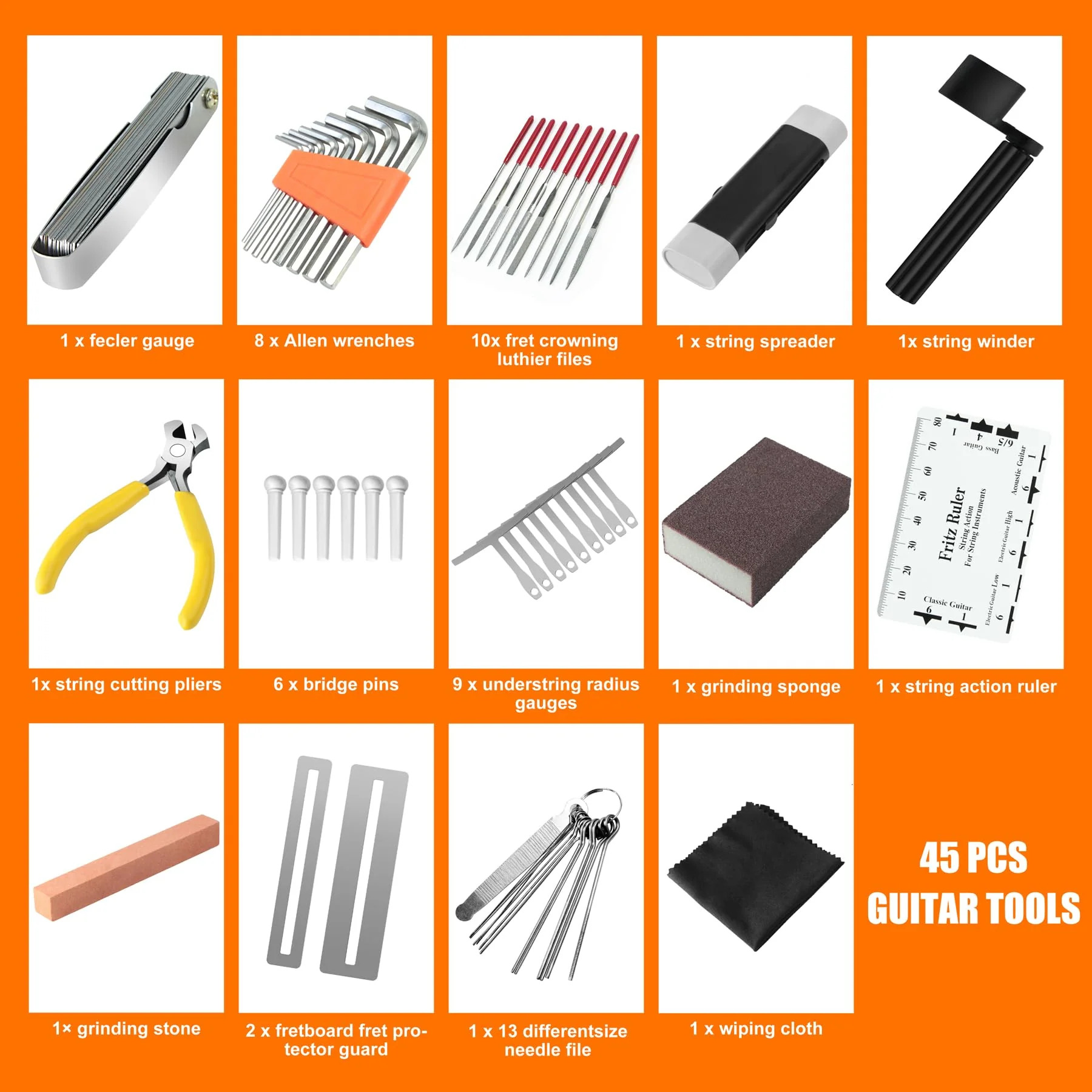 45Pcs Guitar Tool Kit, Guitar Repair Kit, Guitar Setup Kit, Luthier Tools Guitar Kit, Guitar Maintenance Kit Guitar Fret Tools, TIMDAM Guitar Accessories for Ukulele Bass Guitar Gifts for Musicians - Image 2