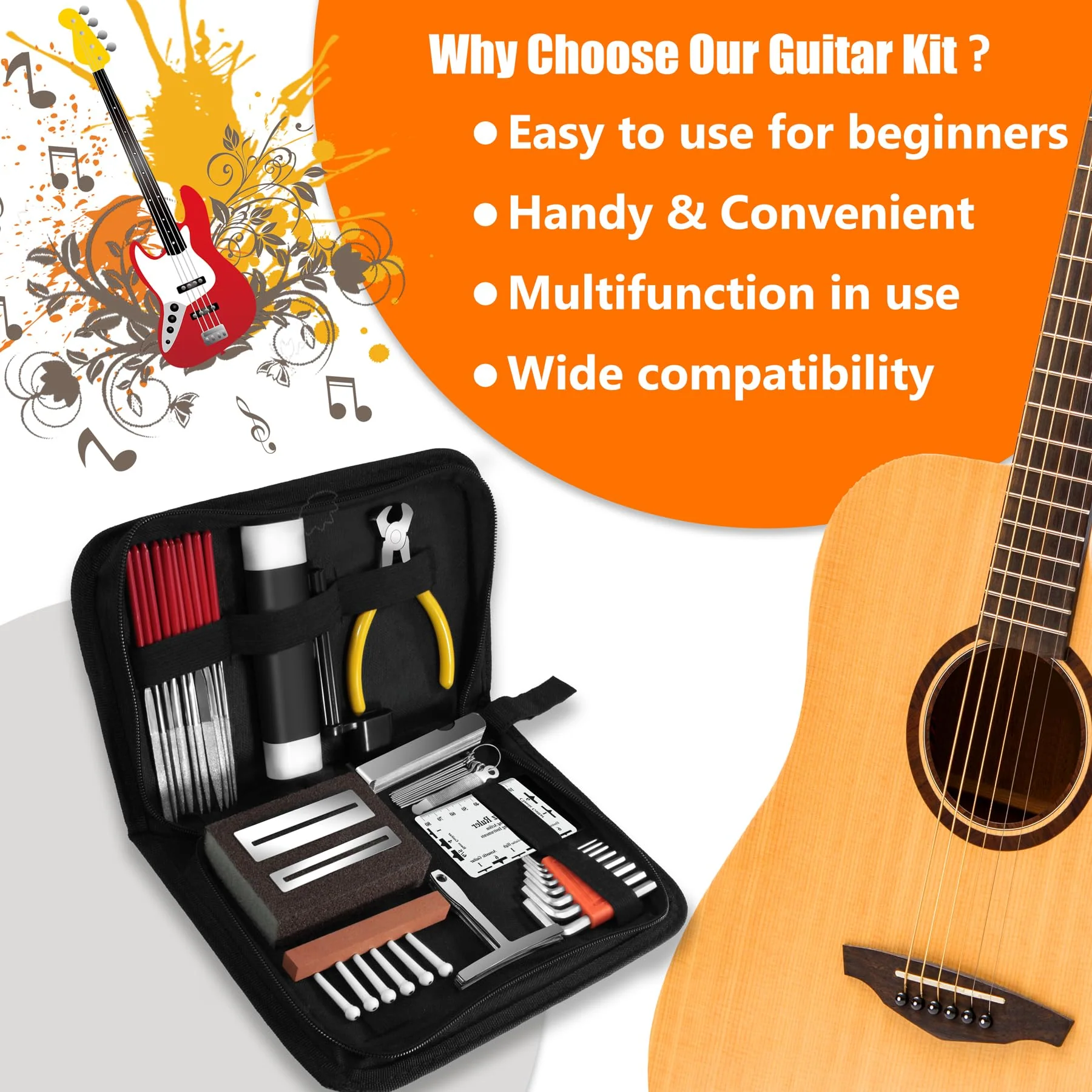 45Pcs Guitar Tool Kit, Guitar Repair Kit, Guitar Setup Kit, Luthier Tools Guitar Kit, Guitar Maintenance Kit Guitar Fret Tools, TIMDAM Guitar Accessories for Ukulele Bass Guitar Gifts for Musicians - Image 7