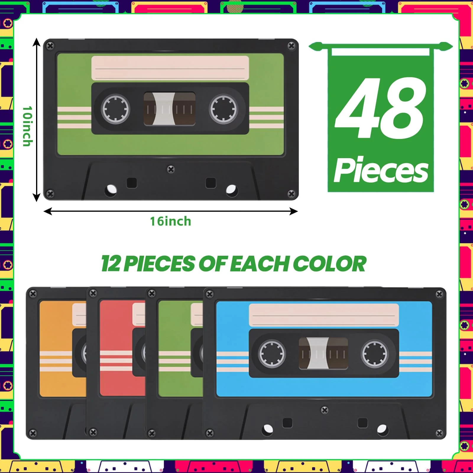 48 Pack Cassette Paper Placemats 80s Party Decorative Place Mats Cassette Hip Hop Party Table Mats for Retro 70s 80s 90s Theme Birthday Anniversary Music Party Supplies Table Decorations - Image 2