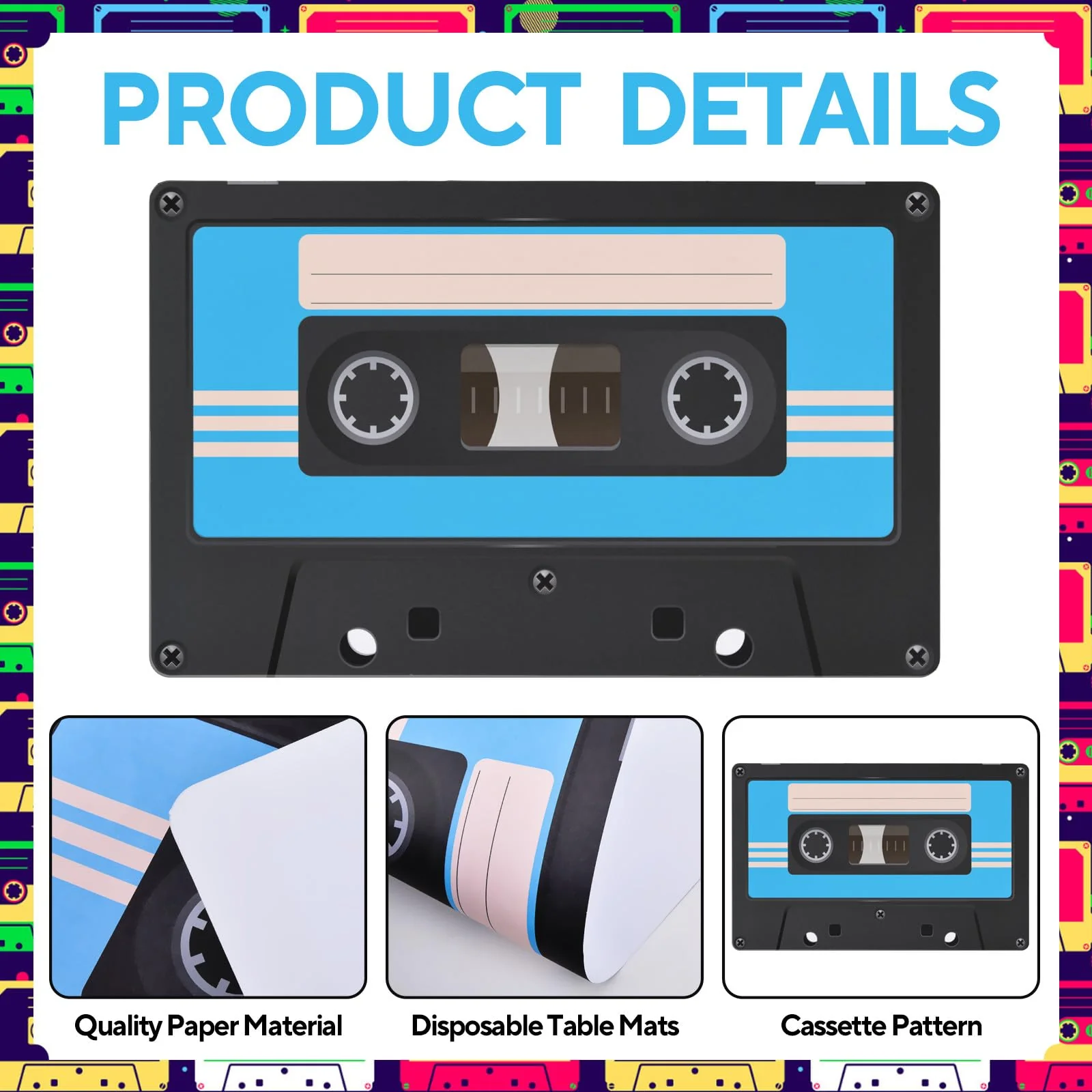 48 Pack Cassette Paper Placemats 80s Party Decorative Place Mats Cassette Hip Hop Party Table Mats for Retro 70s 80s 90s Theme Birthday Anniversary Music Party Supplies Table Decorations - Image 4