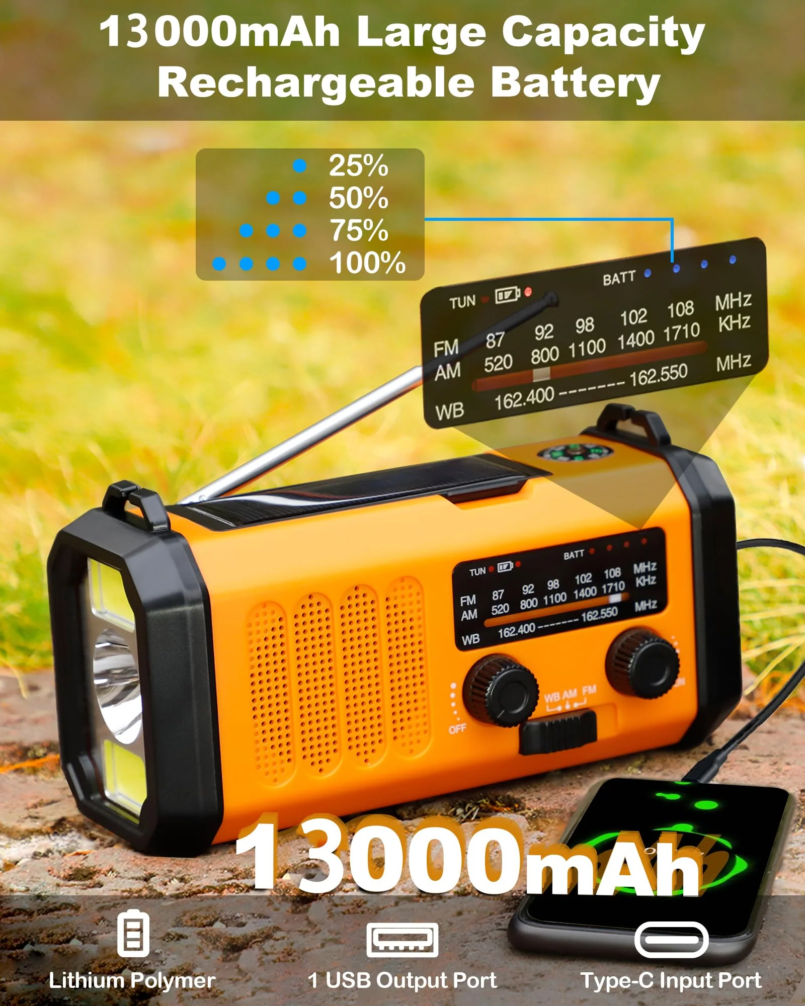 48100mWh/13000mAh Emergency Weather Radio, 4 Way Powered AM/FM/NOAA Portable Solar Crank Radio, Dynamo Phone Charger,700LM LED Flashlight/Reading Lamp,SOS,Compass for Hurricane Storm Camping Survival 13000mAh（Orange) - Image 2