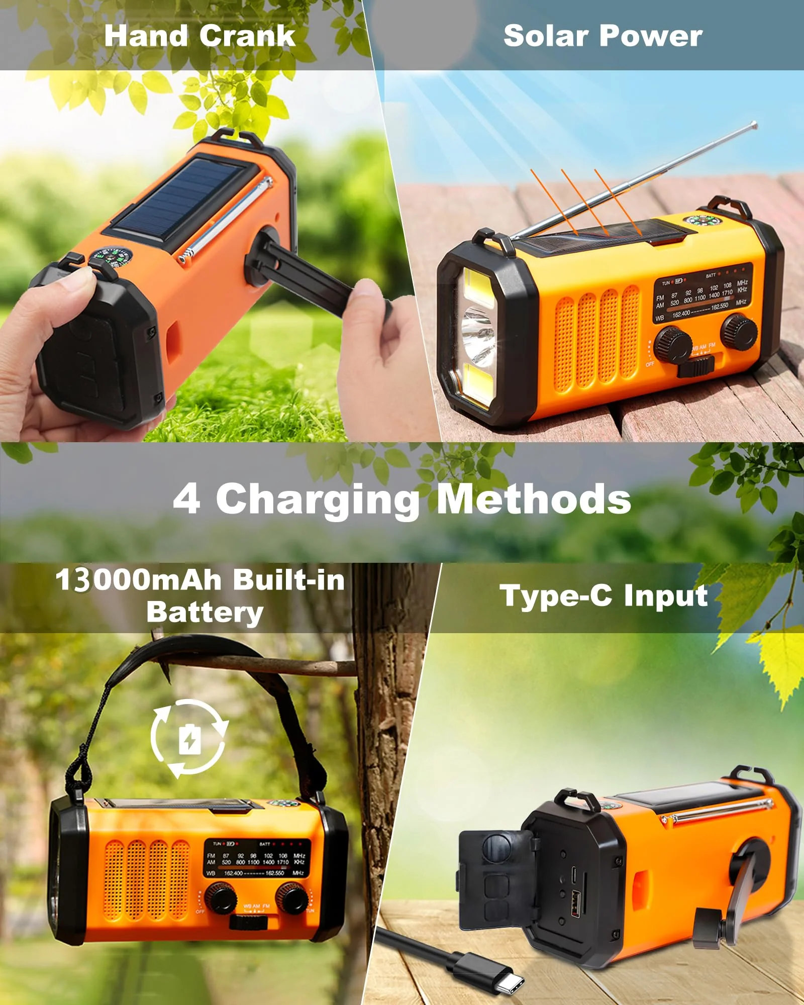 48100mWh/13000mAh Emergency Weather Radio, 4 Way Powered AM/FM/NOAA Portable Solar Crank Radio, Dynamo Phone Charger,700LM LED Flashlight/Reading Lamp,SOS,Compass for Hurricane Storm Camping Survival 13000mAh（Orange) - Image 3