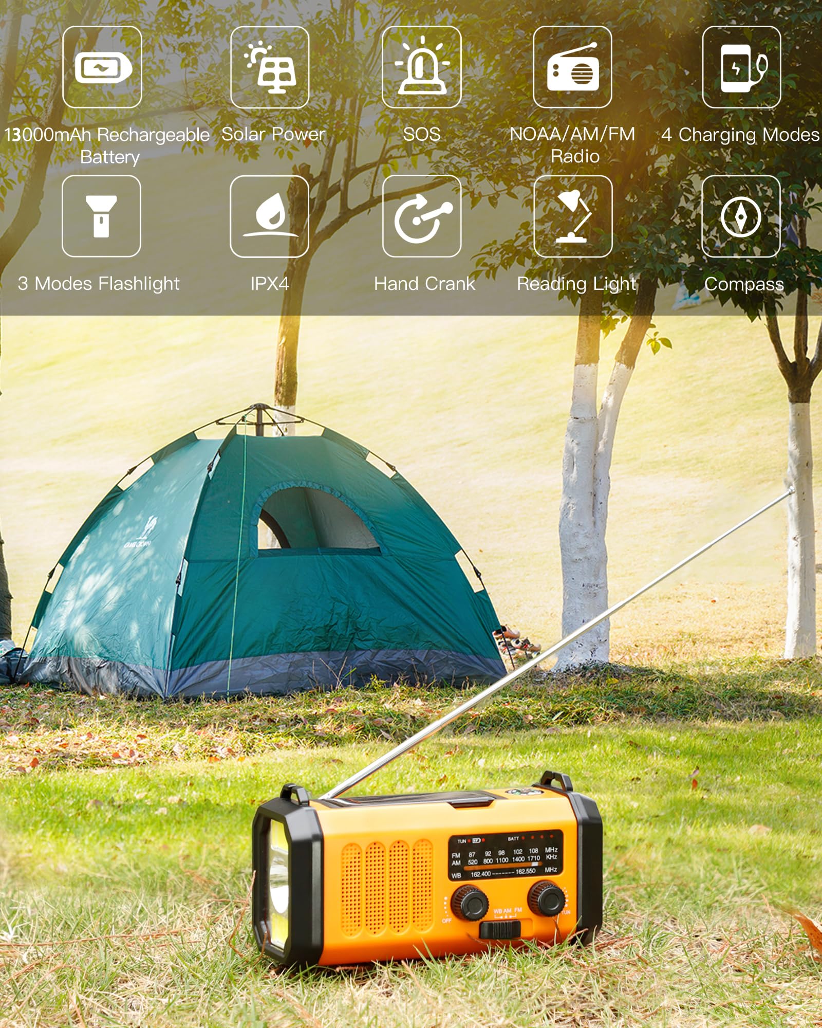 48100mWh/13000mAh Emergency Weather Radio, 4 Way Powered AM/FM/NOAA Portable Solar Crank Radio, Dynamo Phone Charger,700LM LED Flashlight/Reading Lamp,SOS,Compass for Hurricane Storm Camping Survival 13000mAh（Orange) - Image 4