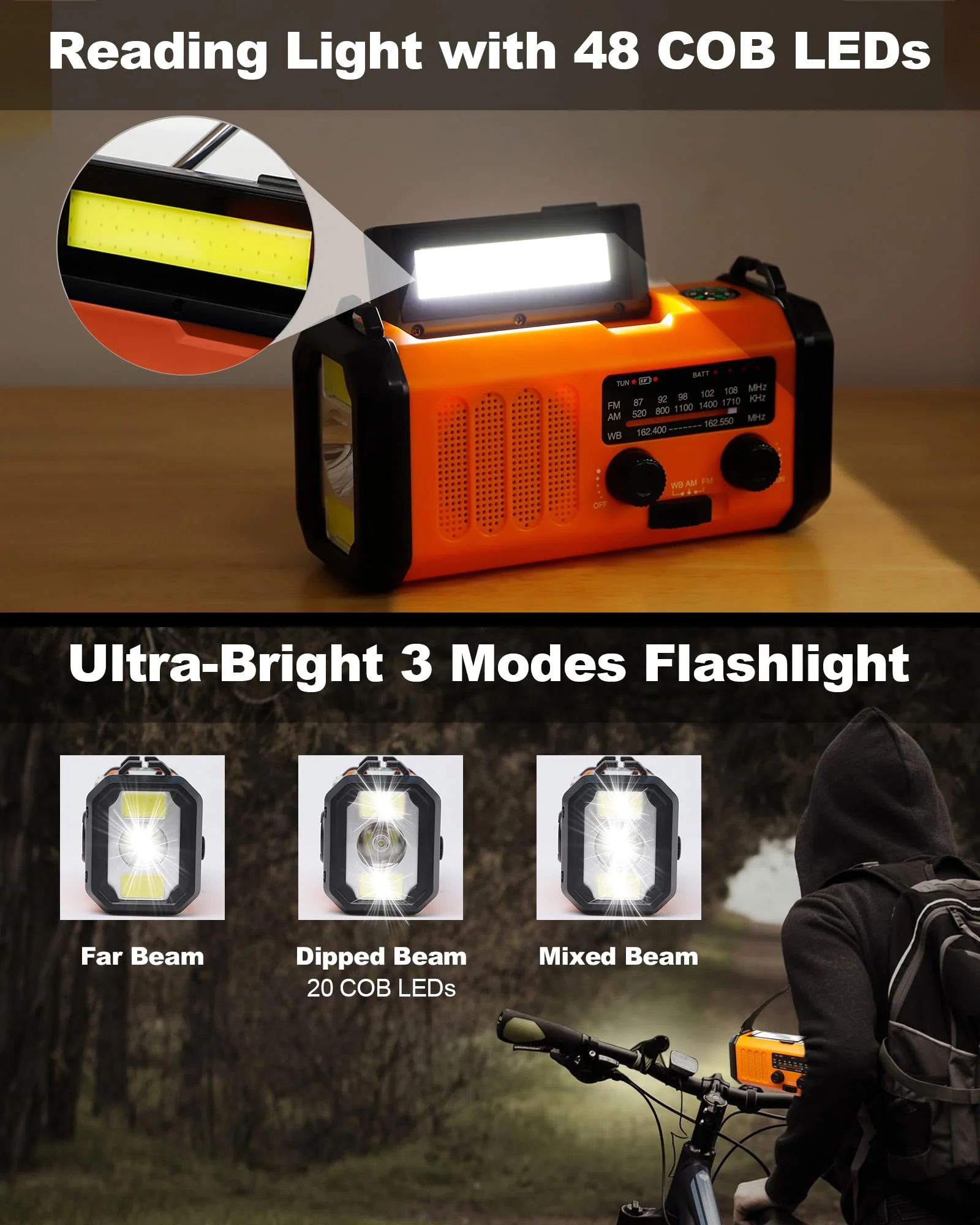 48100mWh/13000mAh Emergency Weather Radio, 4 Way Powered AM/FM/NOAA Portable Solar Crank Radio, Dynamo Phone Charger,700LM LED Flashlight/Reading Lamp,SOS,Compass for Hurricane Storm Camping Survival 13000mAh（Orange) - Image 5