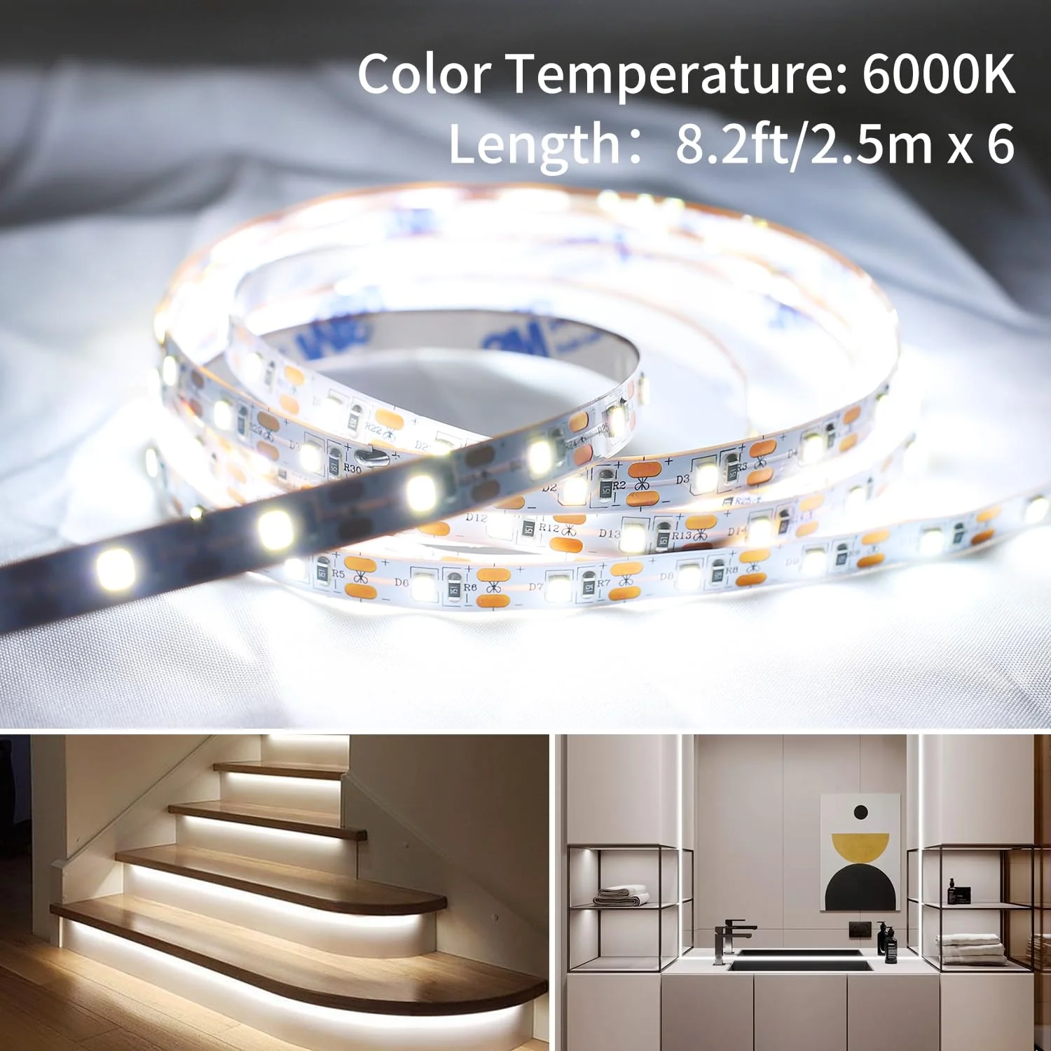 49.2ft USB LED Light Strip White with Battery Box (Batteries Not Included), Daylight LED White Strip Lights Cuttable LEDs for Bedroom, Mirror, Party, Camping, Birthday, Christmas, 8.2ft x 6 49.2ft White Light Strips - Image 2