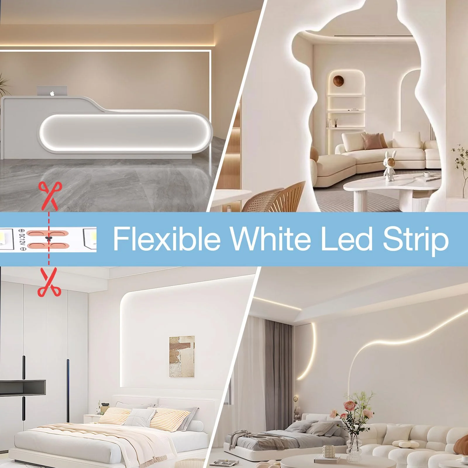 49.2ft USB LED Light Strip White with Battery Box (Batteries Not Included), Daylight LED White Strip Lights Cuttable LEDs for Bedroom, Mirror, Party, Camping, Birthday, Christmas, 8.2ft x 6 49.2ft White Light Strips - Image 3