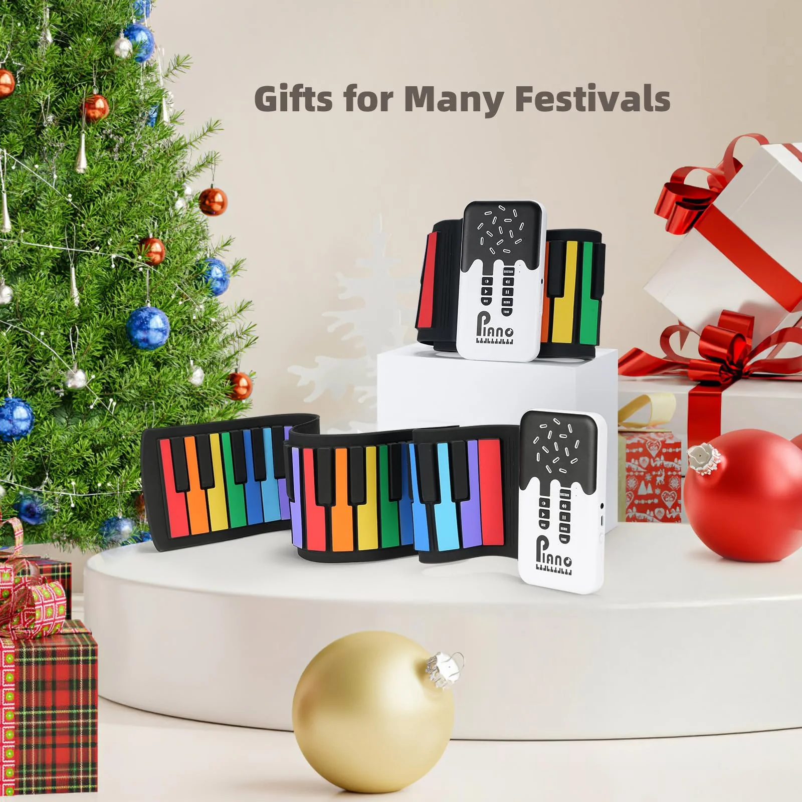 49 Key Roll Up Keyboard Piano, Portable Digital Electric Foldable Piano Keyboard, Rechargeable, 8 Tones, 6 Educational Demo Songs, for Beginners Gift (Rainbow) Rainbow - Image 2