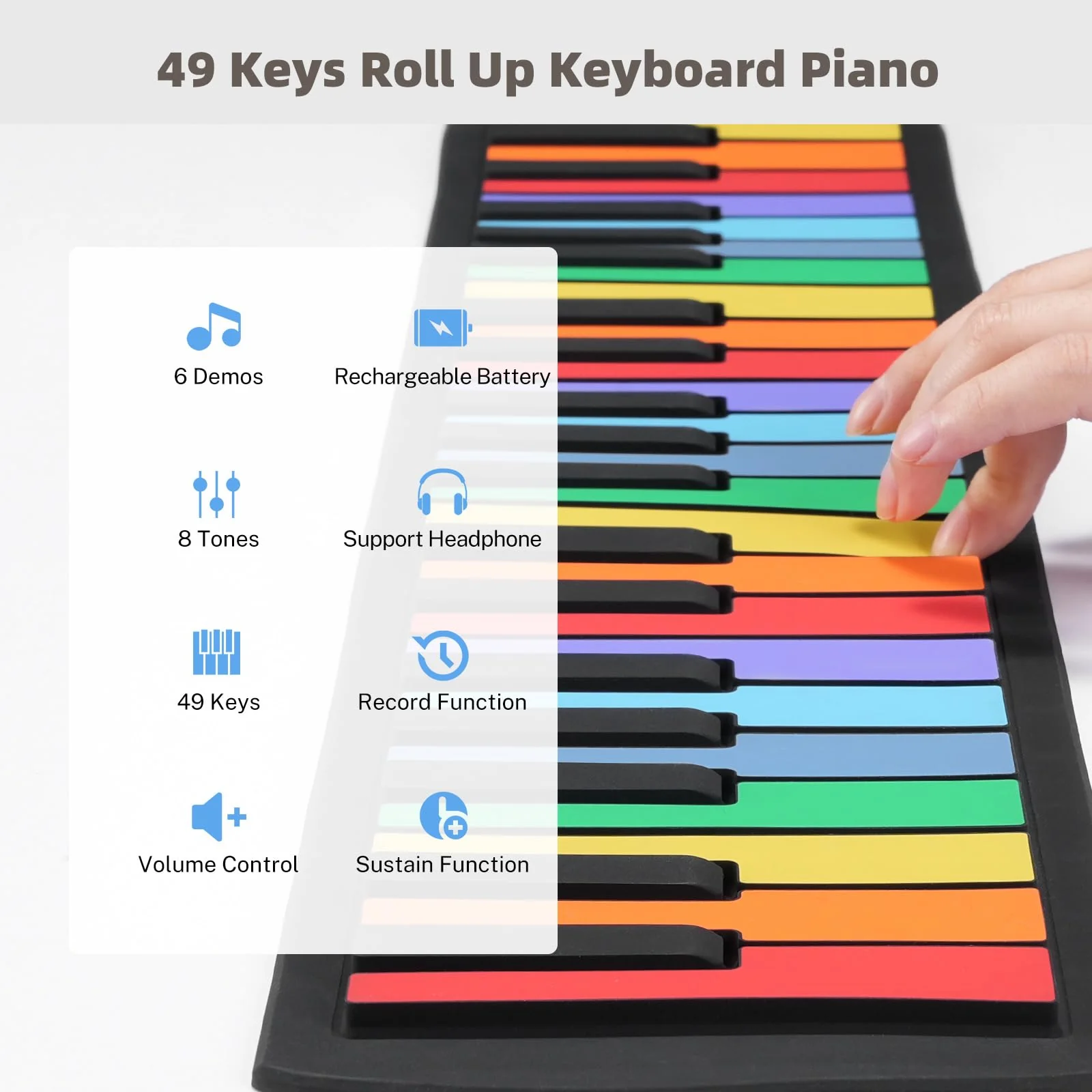 49 Key Roll Up Keyboard Piano, Portable Digital Electric Foldable Piano Keyboard, Rechargeable, 8 Tones, 6 Educational Demo Songs, for Beginners Gift (Rainbow) Rainbow - Image 3