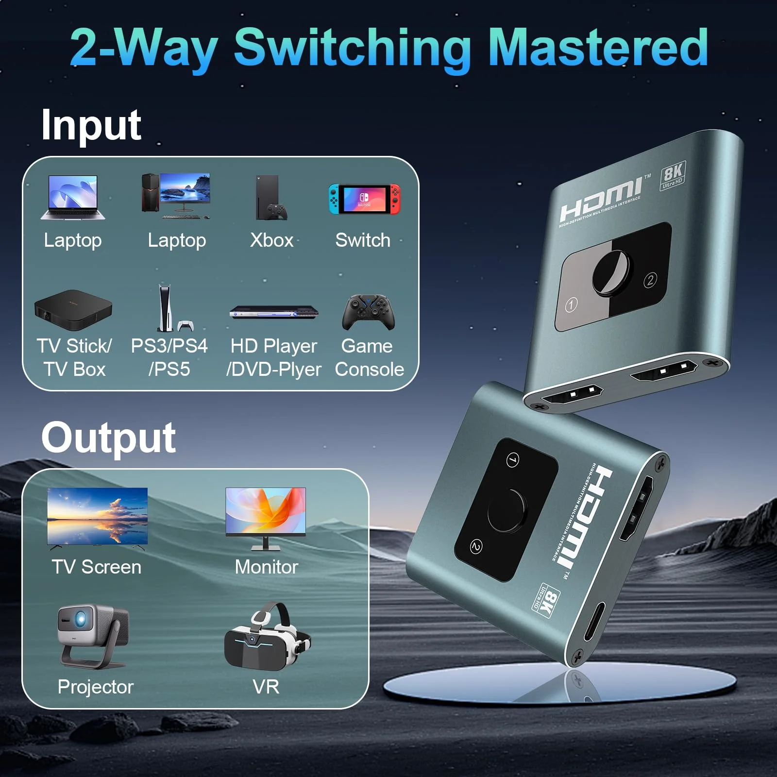 4K 120Hz HDMI Switch, 8K 60Hz HDMI 2.1 Bi-Directional 2-in-1/1-in-2 Switcher Splitter, Aluminum HDMI Selector 48Gbps High Resolution Switch Capable for Gaming, PS5, Xbox, HDR10, Dolby Vision - Image 7