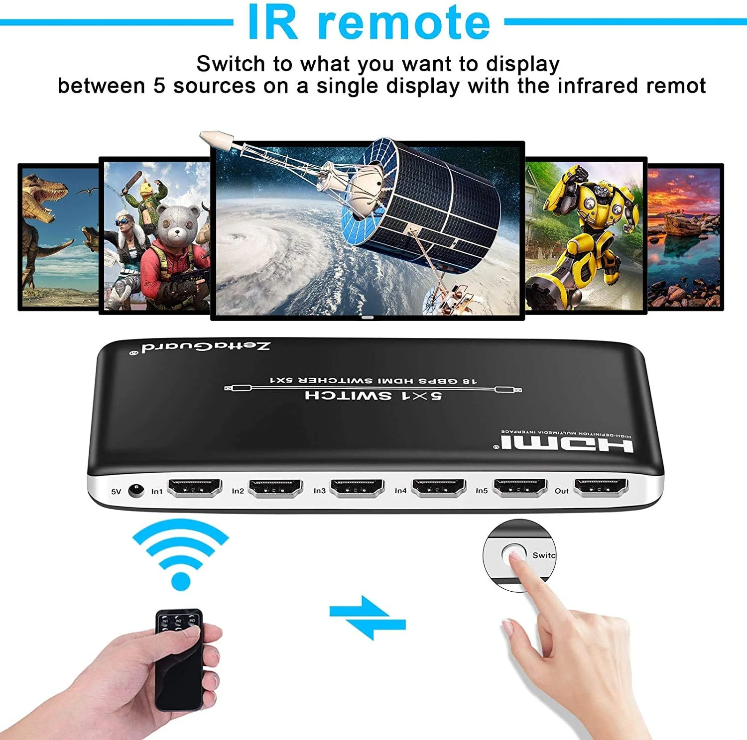 4K 60Hz 5 Port 5 x 1 HDMI Switch with IR Remote Control HDMI 2.0 Switcher Support 18Gbps 4K x 2K 3D HDCP 2.2 HDMI Splitter Hub Port Switches for PS4 Xbox Apple TV Fire Stick Blu-Ray Player 5 In 1 Out - Image 7