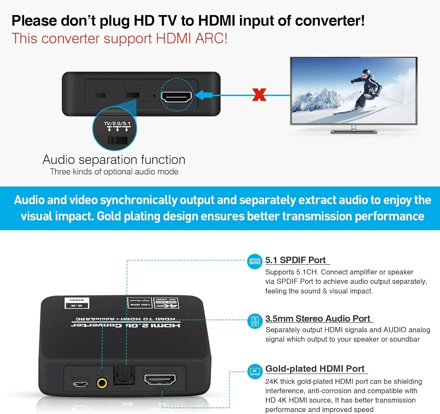 4K@60Hz HDMI 2.0b Audio Extractor Converter Adapter Splitter, HDMI ARC + Optical Toslink SPDIF + 3.5mm Stereo Audio Out, Support HDCP2.2 Digital PCM DTS 5.1, (Optical/HDMI Cables Included) - Image 6