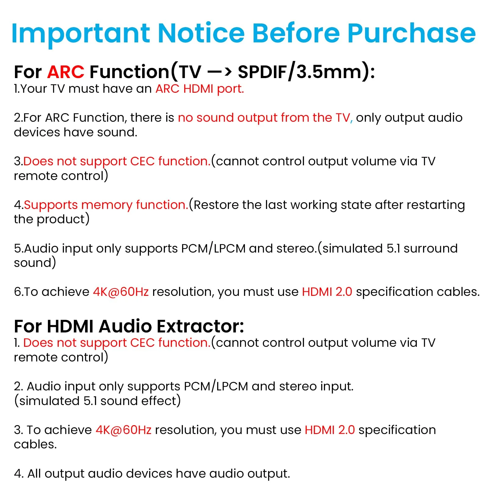 4K@60Hz HDMI 2.0b Audio Extractor Converter Adapter Splitter, HDMI ARC + Optical Toslink SPDIF + 3.5mm Stereo Audio Out, Support HDCP2.2 Digital PCM DTS 5.1, (Optical/HDMI Cables Included) - Image 8