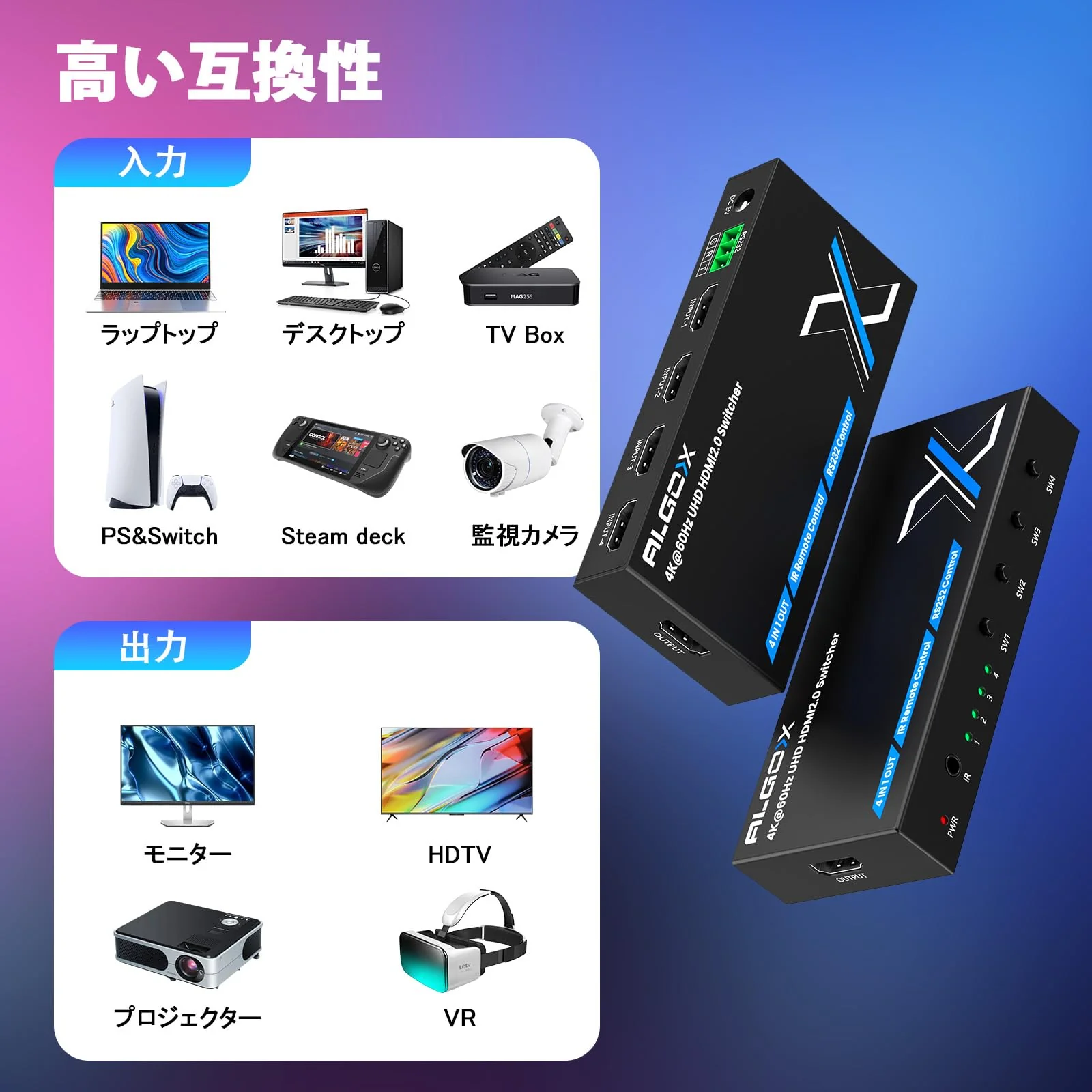 4K@60Hz HDMI Switch 4 in 1 Out 1080P@120Hz HDMI Switcher 4 Ports Selector with Remote Support 18Gbps HDR 10+ Dolby Vision/Atmos HDCP 2.2, RS232 Control 4K@60Hz Switcher 4X1 - Image 7
