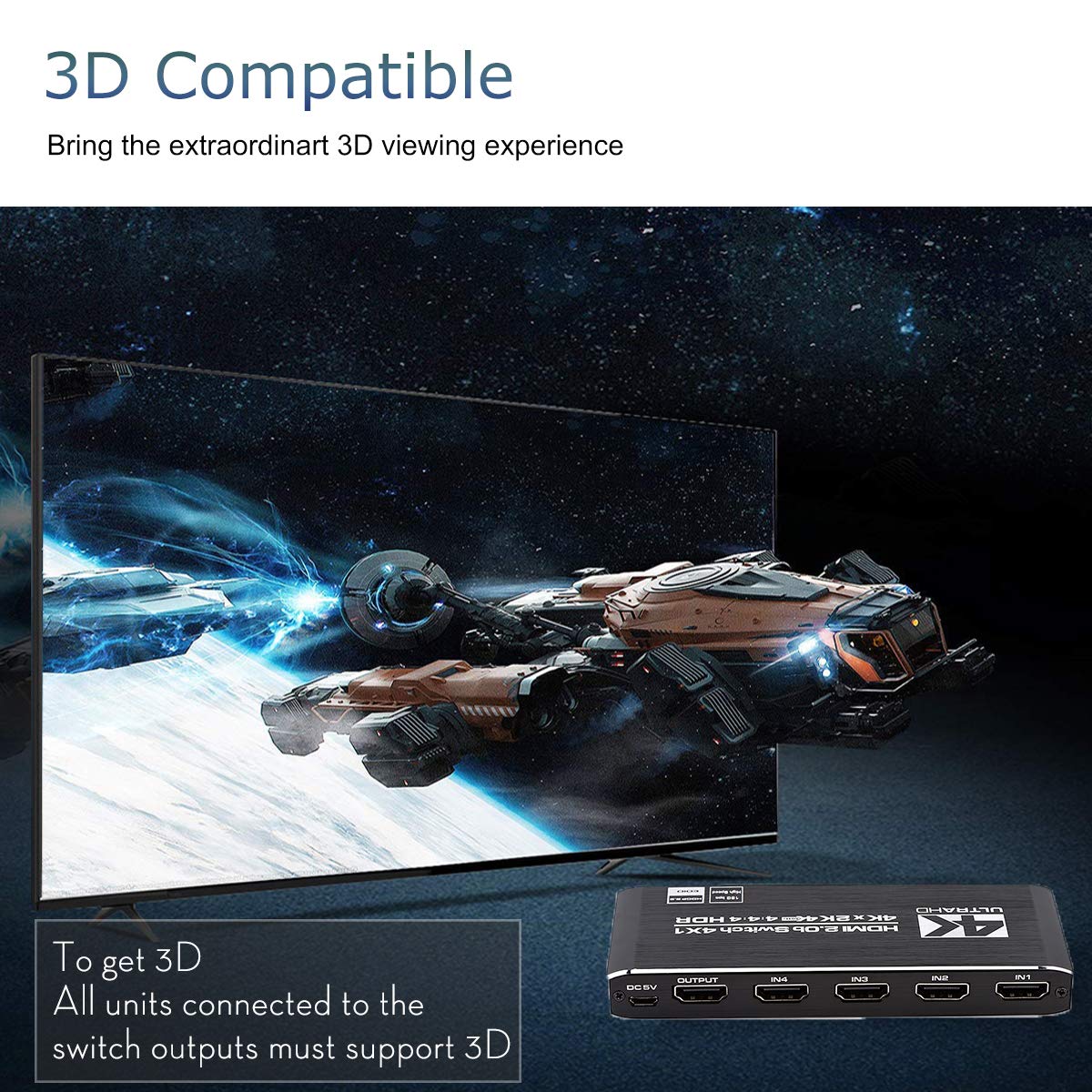 4K HDMI Switch 4x1, 4 Port HDMI Selector Switcher 4 in 1 Out with IR Remote Control Support 4K@60Hz, 4Kx2K, HDR, HDMI 2.0b, HDCP 2.2, 3D, 1080P Deep Black - Image 7