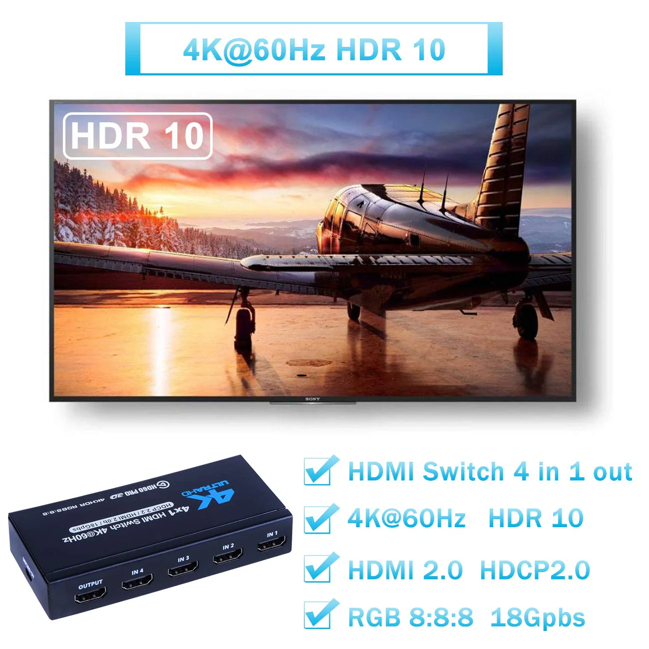 4K HDMI Switch 4x1, 4K@60Hz 4 in 1 Out HDMI Switcher Selector with IR Remote Control, Supports HDCP 2.2 4K@60Hz UltraHD HDR10 3D HD1080P Dolby DST, HDMI Splitter for PS4 Xbox Apple TV Fire Stick - Image 4