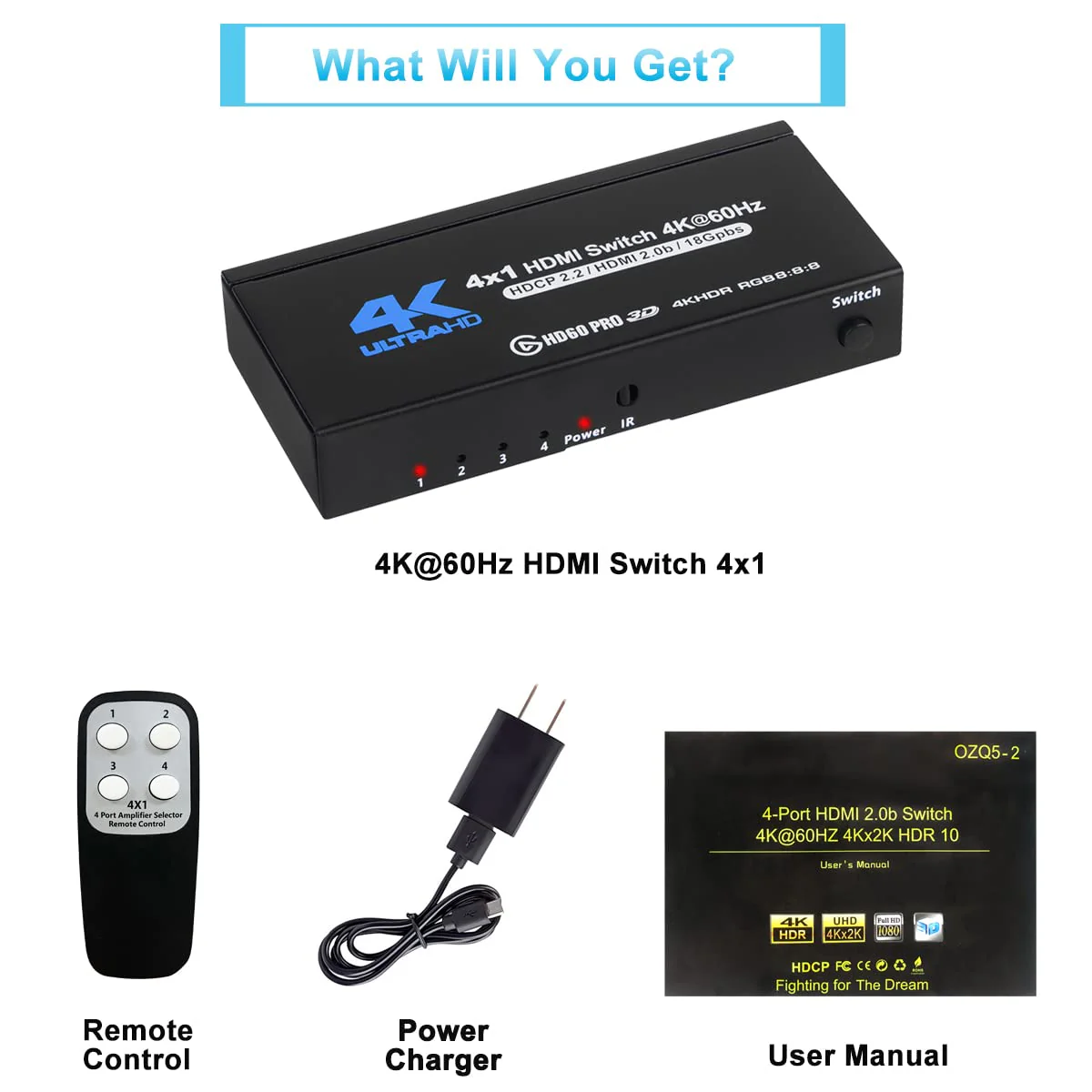 4K HDMI Switch 4x1, 4K@60Hz 4 in 1 Out HDMI Switcher Selector with IR Remote Control, Supports HDCP 2.2 4K@60Hz UltraHD HDR10 3D HD1080P Dolby DST, HDMI Splitter for PS4 Xbox Apple TV Fire Stick - Image 7