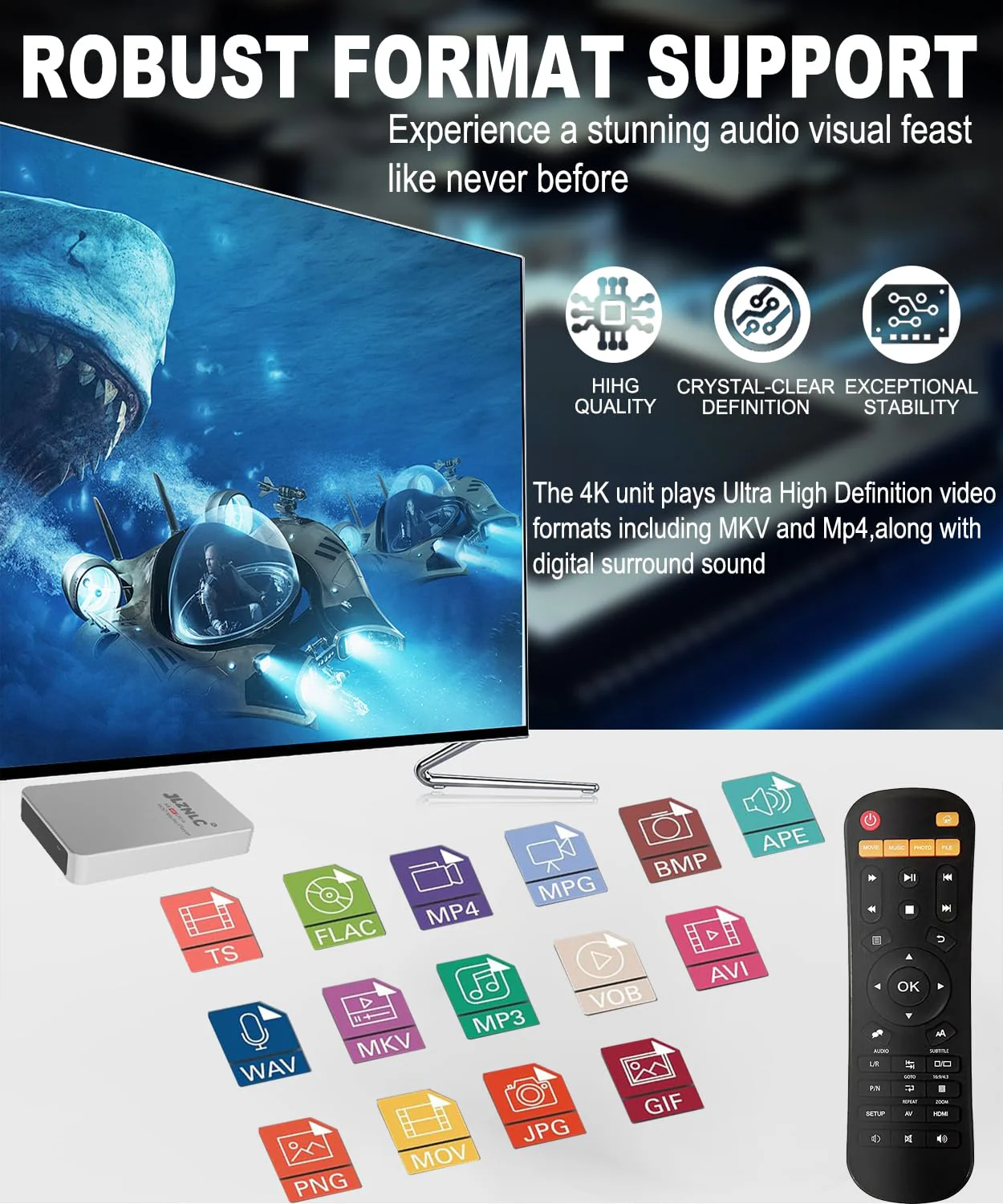 4K Ultra HD Media Player & HDD Enclosure 2-in-1,Digital Signage, Play H.265/HEVC H.264/AVC MP4 MKV Videos,MP3 Music,JPG Photos,Auto Playback and Resume,Supports HDDs,USB/MicroSD,4k HDMI,Analog AV. - Image 6