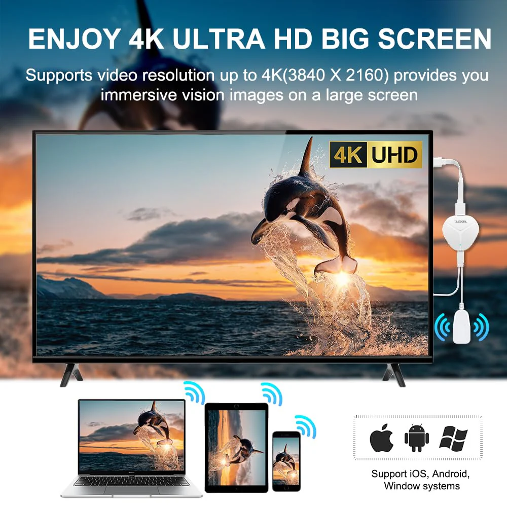 4K Wireless HDMI Display Adapter, SOCLLLife Screen Mirroring Dongle for i-Phone, i-Pad, Android, Windows, Laptop to HDTV/Projector/Monitor, Support Airplay, Miracast for Casting Video & Audio, White 18cm - Image 3