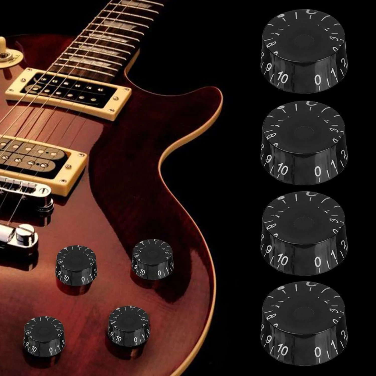 4pcs Electric Guitar Knobs Black Speed Volume Tone Control Knob for Les Paul Style Electric Guitar Parts Replacement (Black-White Word) Black-White Word - Image 7