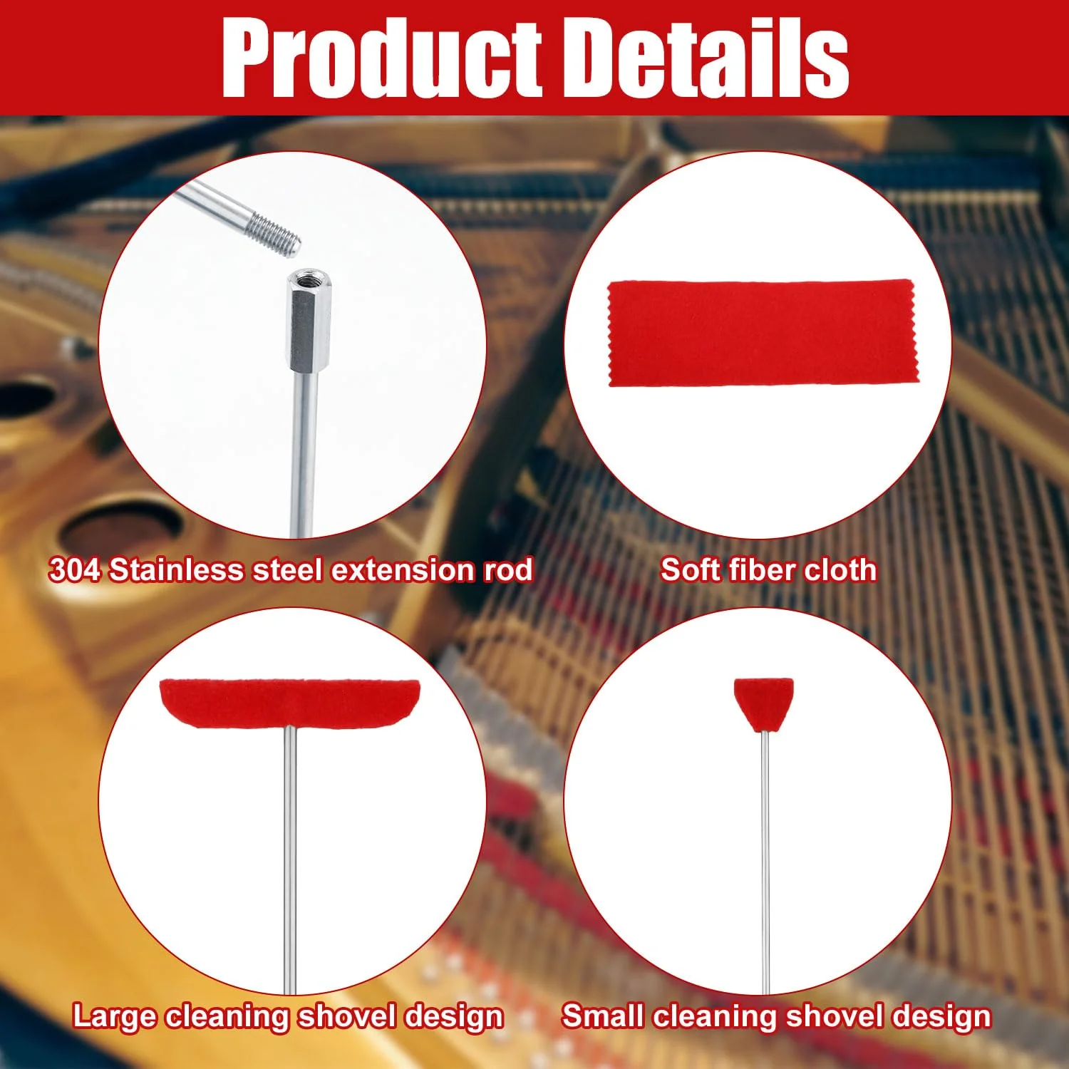 4pcs Grand Piano Soundboard Cleaning Tools, Big & Small Brush Head Cleaning Tool with Extension Rod and Soft Fiber Cloth Piano Cleaning Kit Piano Soundboard Cleaner - Image 3