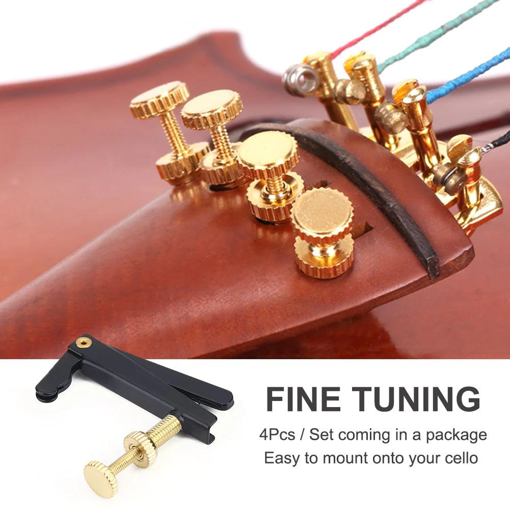 4Pcs String Adjuster Anti-rust Cello String Fine Tuner with Gold Screw Instrument Accessory for 3/4 4/4 Cello (Black) Cello String Adjuster Gold Tone Cello Fine Tuners 4/4 - Image 4