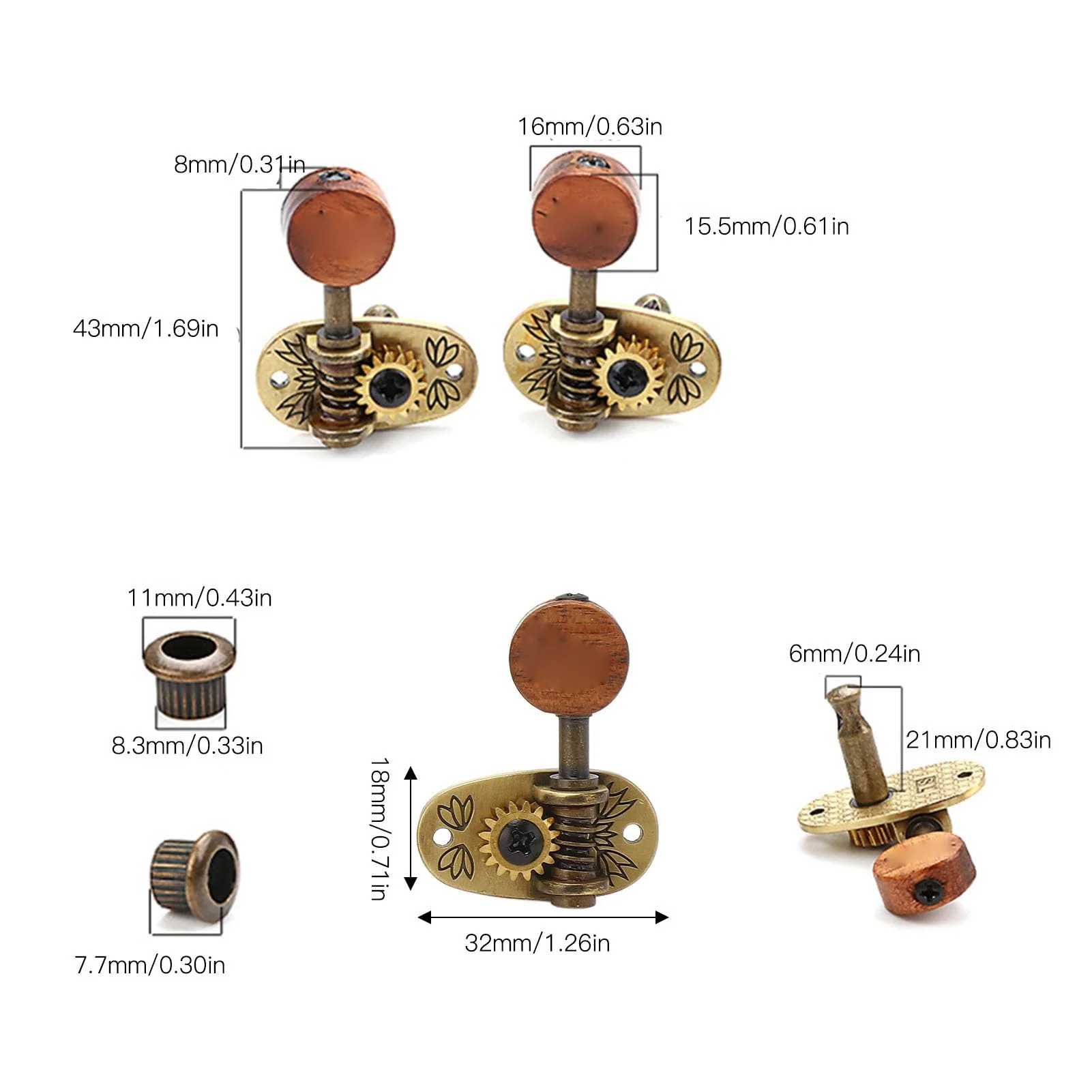 4Pcs Ukulele Tuning Pegs, Acoustic Guitar Pegs 2R 2L Machine Heads, Elegant Rosewood Bronze Zinc Alloy Ukulele Tuners with Sleeves and Screws for 4 String Instruments - Image 2