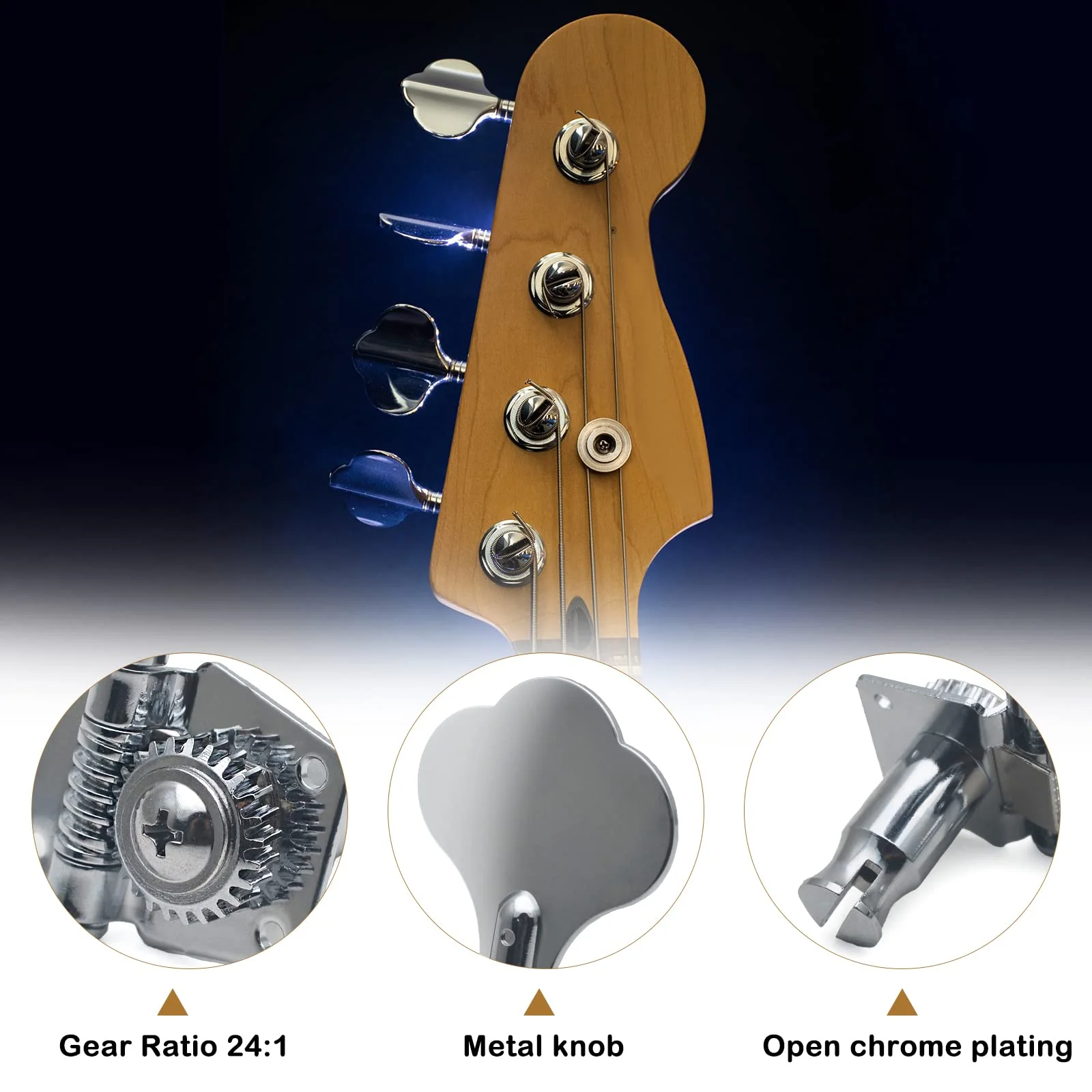 4R Opened Electric Bass Guitar Tuning Pegs Machine Heads Tuners for Bass for Jazz Precision P Bass Replacement (Chrome) Chrome - Image 3