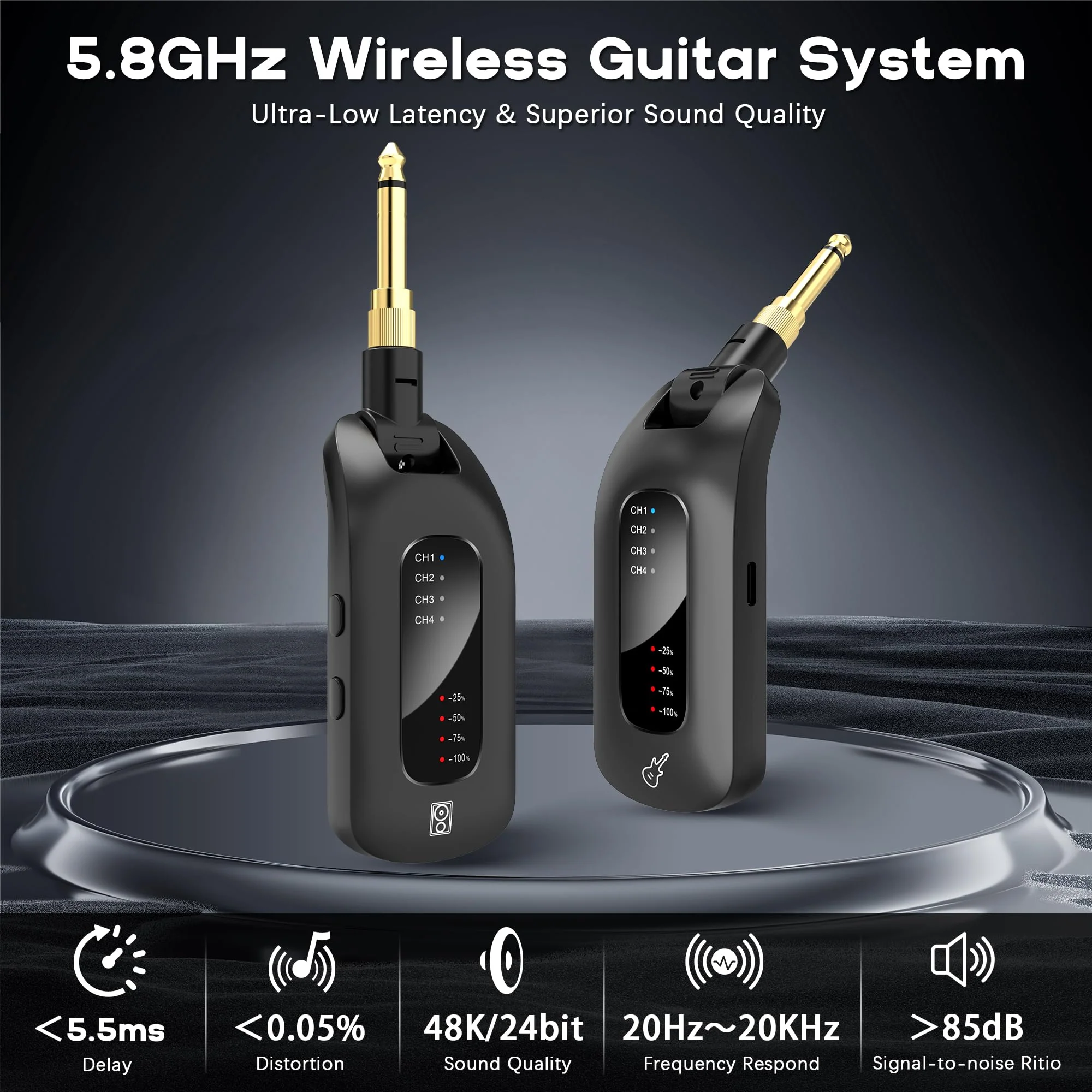 5.8GHz Wireless Guitar Audio System - Rechargeable Transmitter and Receiver with 4 Channels, Low Latency and Over 164ft Long Range Transmission, Compatible Guitar Bass Electric Instruments 5.8GHz - Image 2
