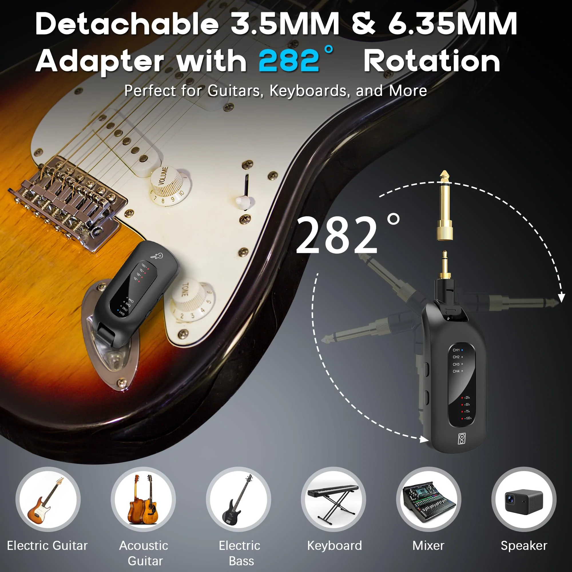 5.8GHz Wireless Guitar Audio System - Rechargeable Transmitter and Receiver with 4 Channels, Low Latency and Over 164ft Long Range Transmission, Compatible Guitar Bass Electric Instruments 5.8GHz - Image 4