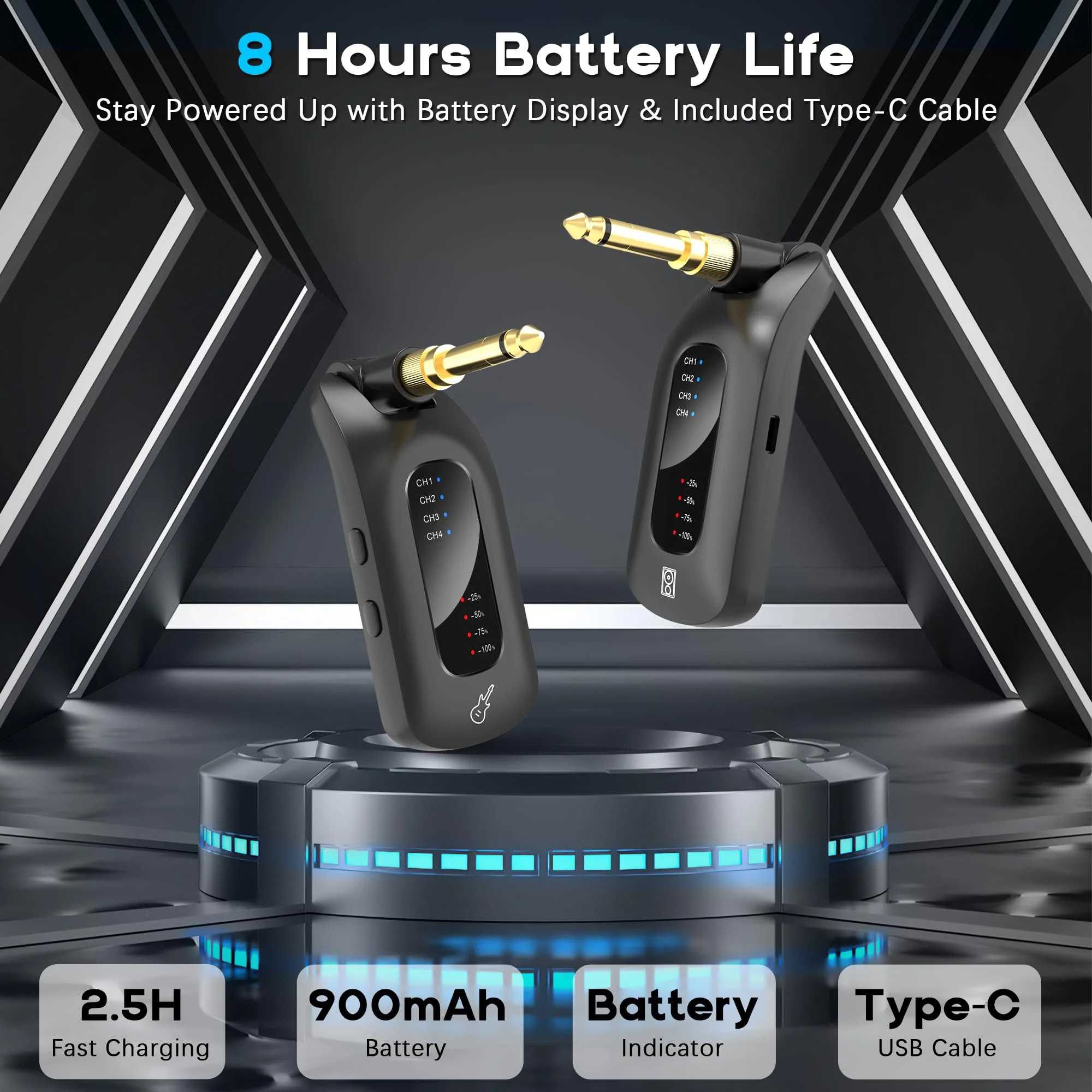 5.8GHz Wireless Guitar Audio System - Rechargeable Transmitter and Receiver with 4 Channels, Low Latency and Over 164ft Long Range Transmission, Compatible Guitar Bass Electric Instruments 5.8GHz - Image 5