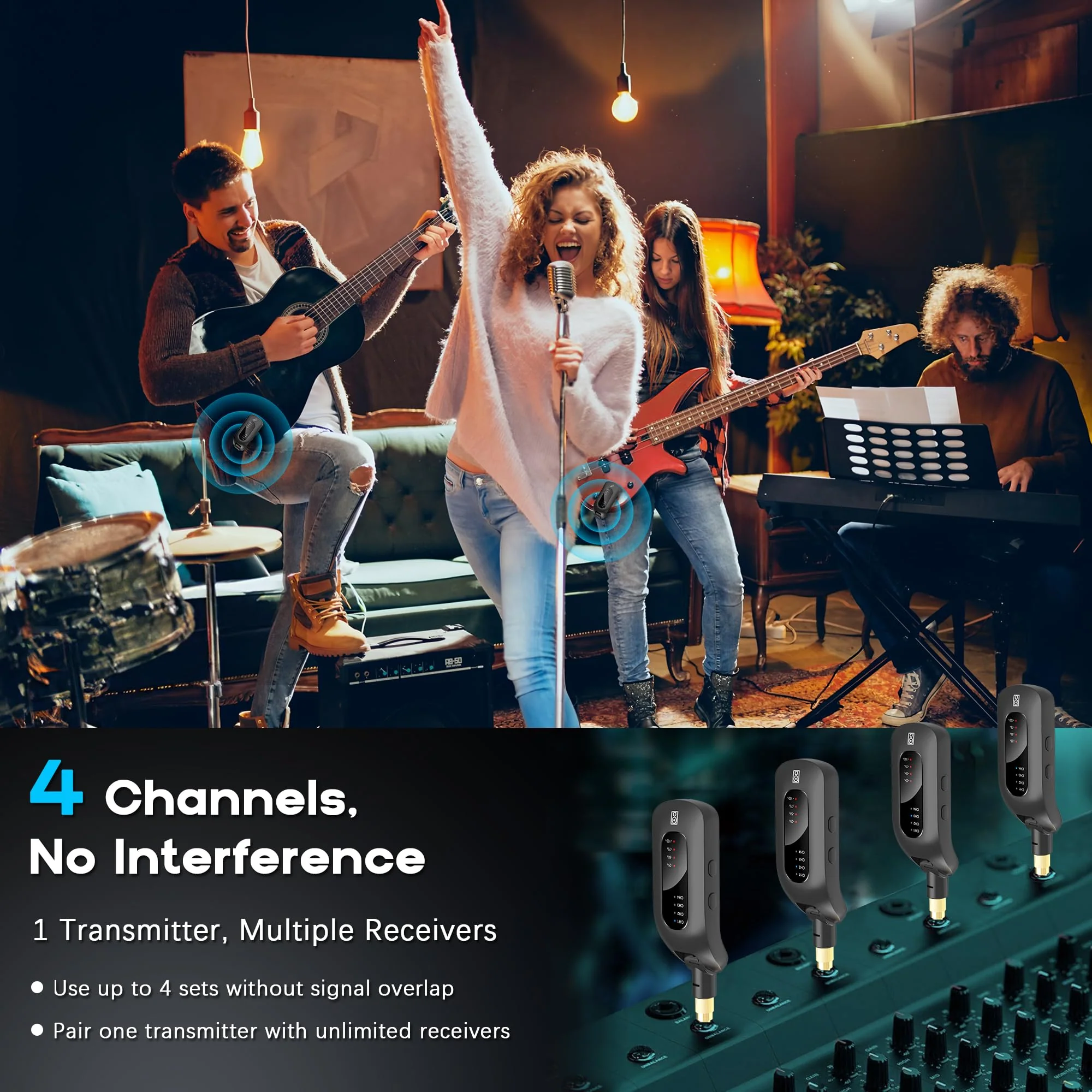 5.8GHz Wireless Guitar Audio System - Rechargeable Transmitter and Receiver with 4 Channels, Low Latency and Over 164ft Long Range Transmission, Compatible Guitar Bass Electric Instruments 5.8GHz - Image 6