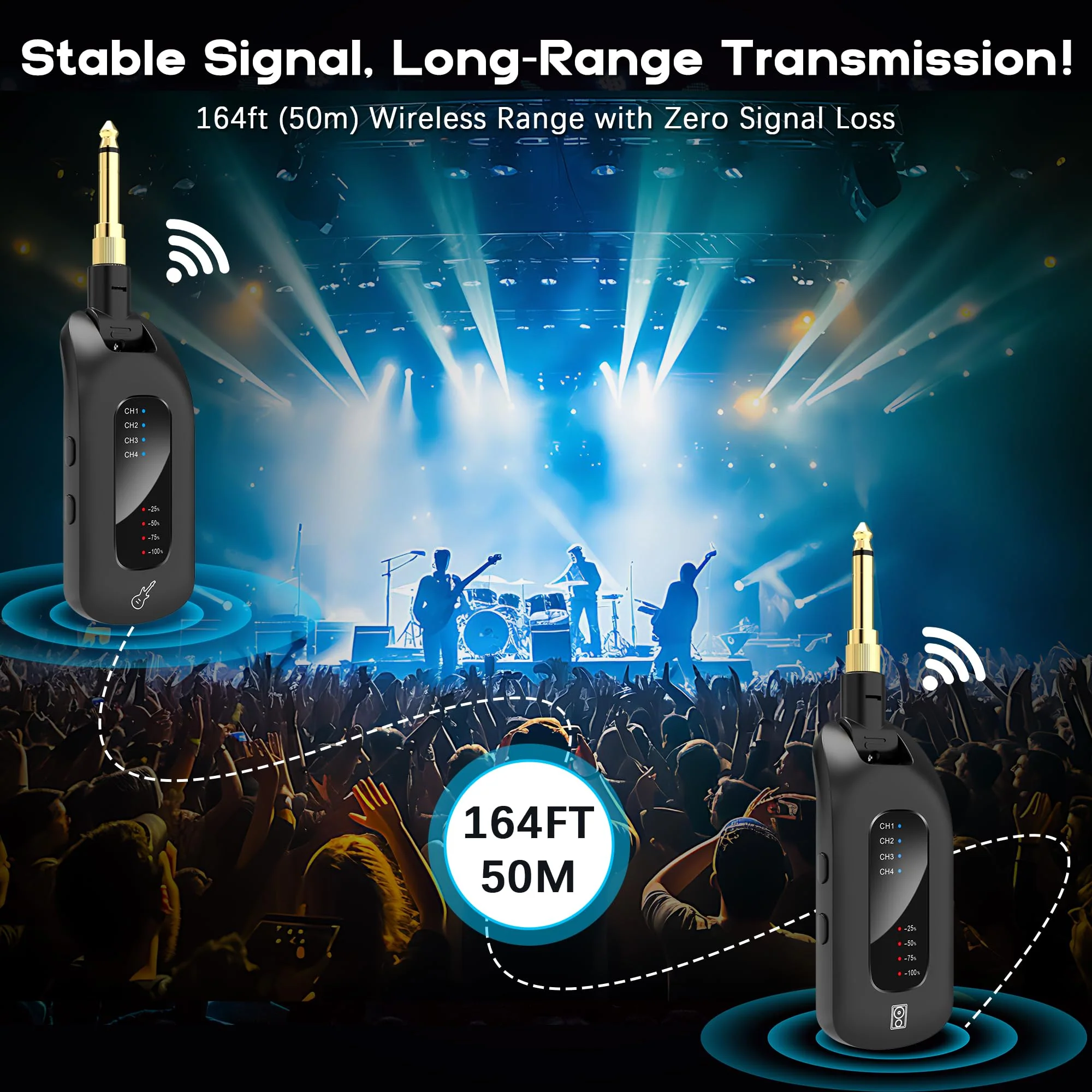 5.8GHz Wireless Guitar Audio System - Rechargeable Transmitter and Receiver with 4 Channels, Low Latency and Over 164ft Long Range Transmission, Compatible Guitar Bass Electric Instruments 5.8GHz - Image 7