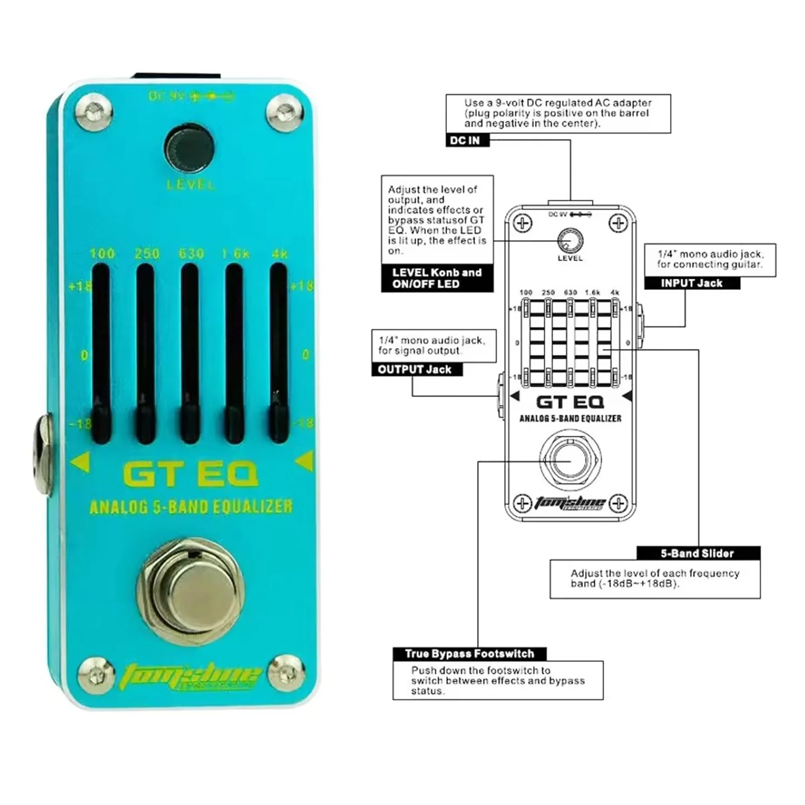 5 Band EQ Mini Guitar Pedal, Analog EQ Pedal, 5 Band GT Electric Guitar Equalizer (100Hz 250Hz 630Hz 1.6kHz 4kHz) Provides ±18dB for Each Band EQ Seeker for Guitar True Bypass Blue - Image 4