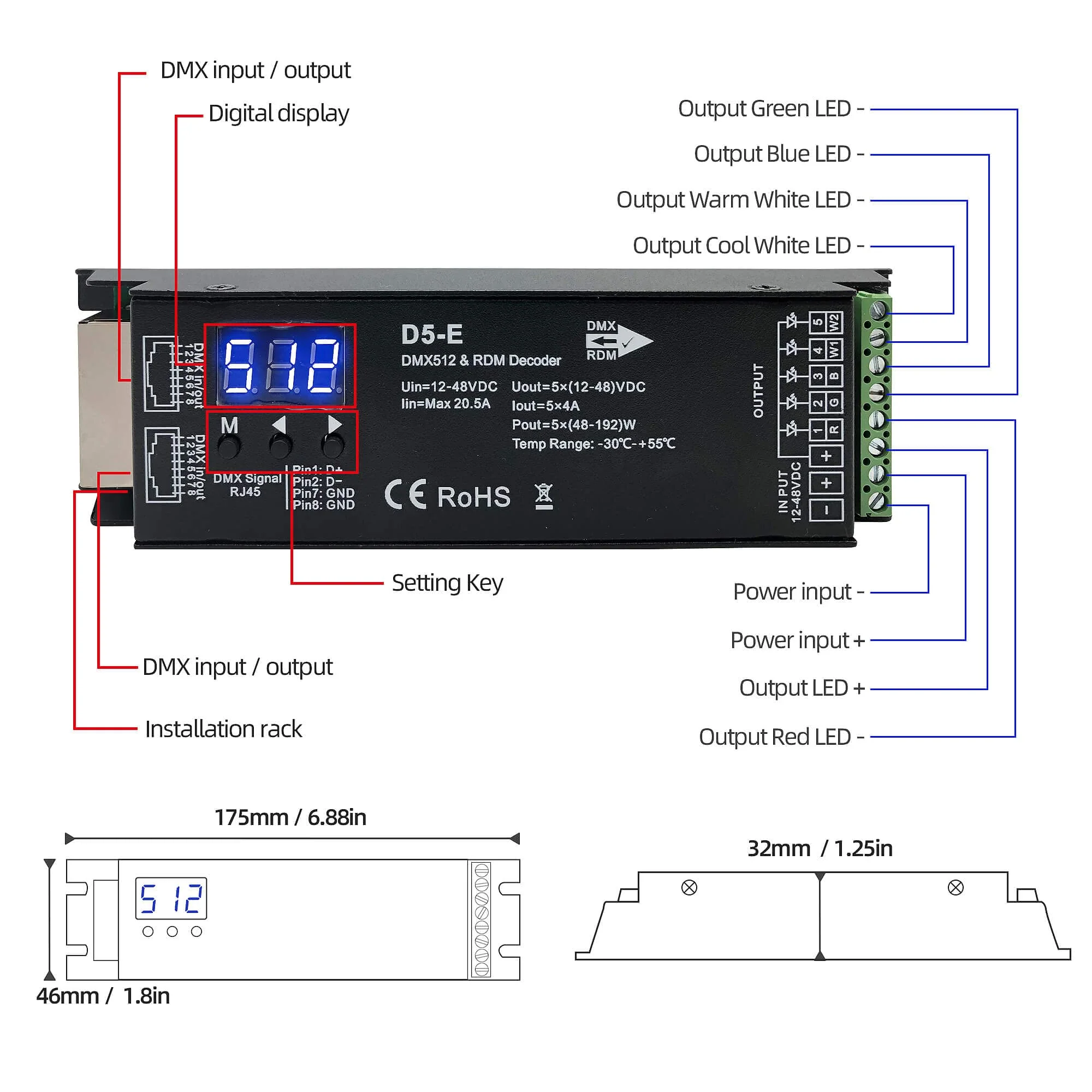 5 Channel DMX Decoder with RDM Digital Display,DMX512 Dimmer Driver PWM RGBCCT LED Controller for RGBWW RGBW or 5group White lightstrips LED Module Light Input 12V-48VDC RDM 5CH DMX Decoder - Image 2